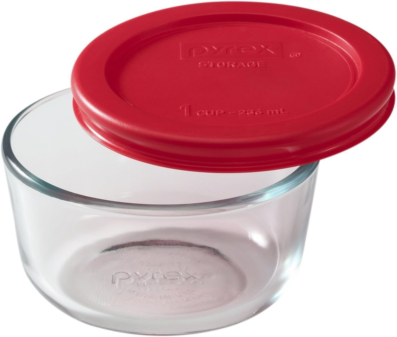 Pyrex (3) 7202 1 Cup Clear Glass Storage Bowls with 7202-PC (3) Red & (3) Blue Plastic Lids, Made in USA