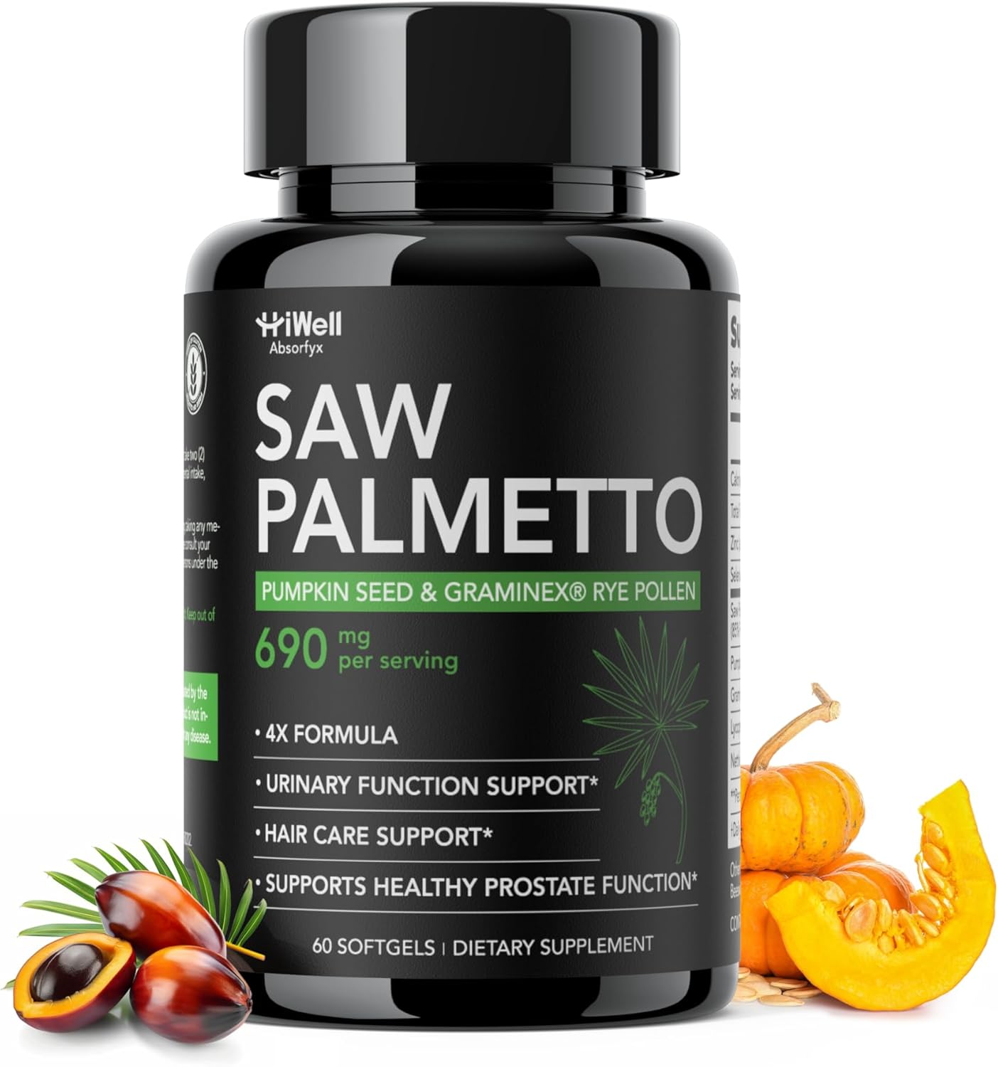 HiWell Absorfyx Saw Palmetto for Men Prostate Health Supplement, Pharmaceutical Grade - Pumpkin Seed Oil - Graminex - Nettle Supports Urinary Function & Hair Loss Prevention,DHT Blocker, 60 softgels