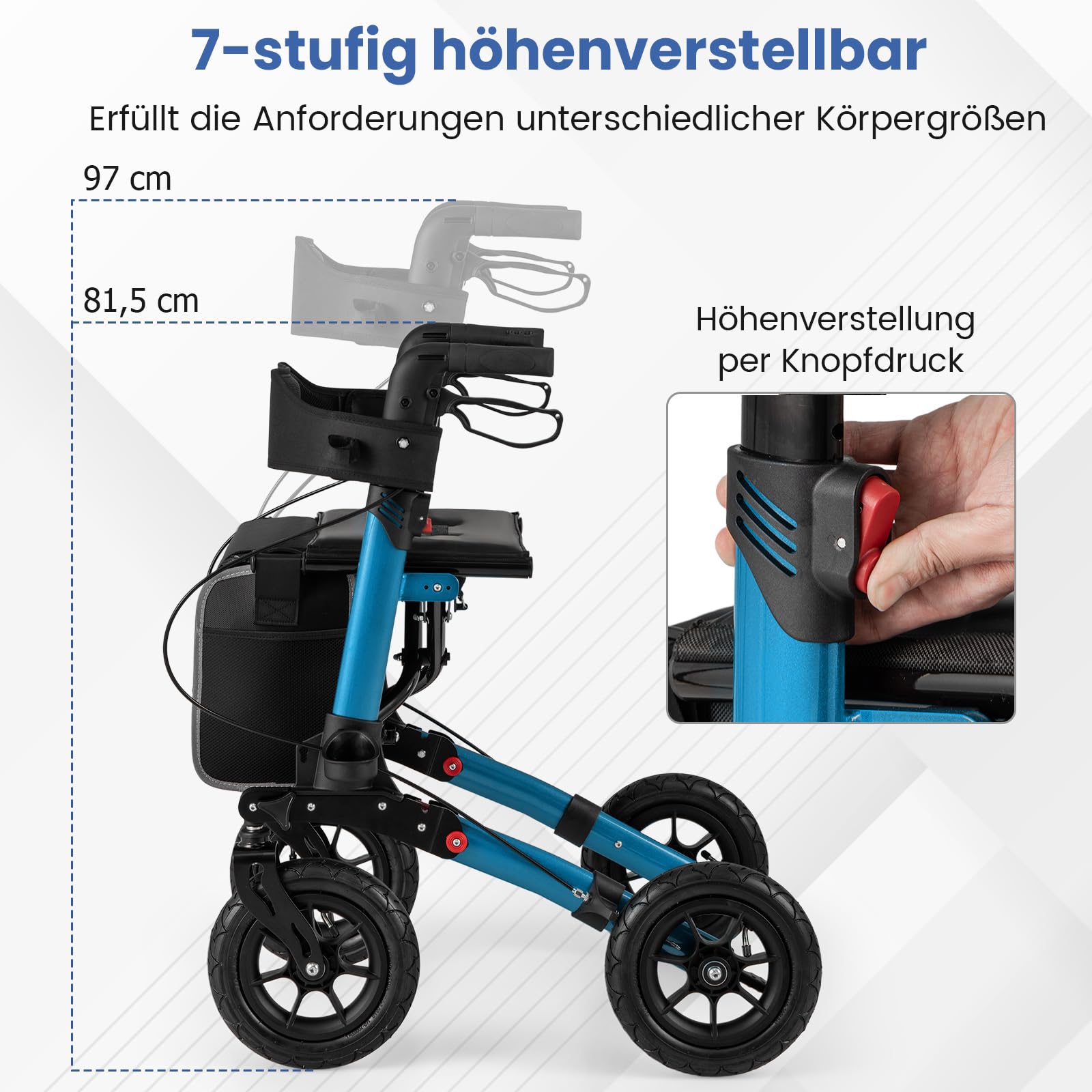 COSTWAY Rollator mit Luftbereifung, faltbar und leicht mit Sitz, Aluminium, bis 140 kg, 2 in 1 Rollstuhl & Reiserollator, Gehhilfe 7-fach höhenverstellbar, Gehwagen mit Tasche & Stockhalter (Blau)