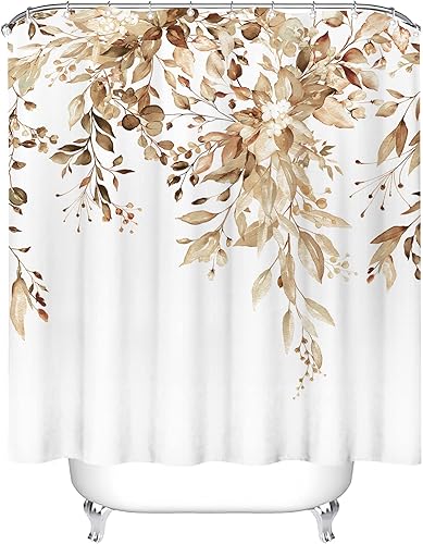 Vista 382 de Tititex - Juego de cortinas de ducha de eucalipto verde oliva, hojas de acuarela en la parte superior con decoración floral de baño, 60 x 72 Hojas