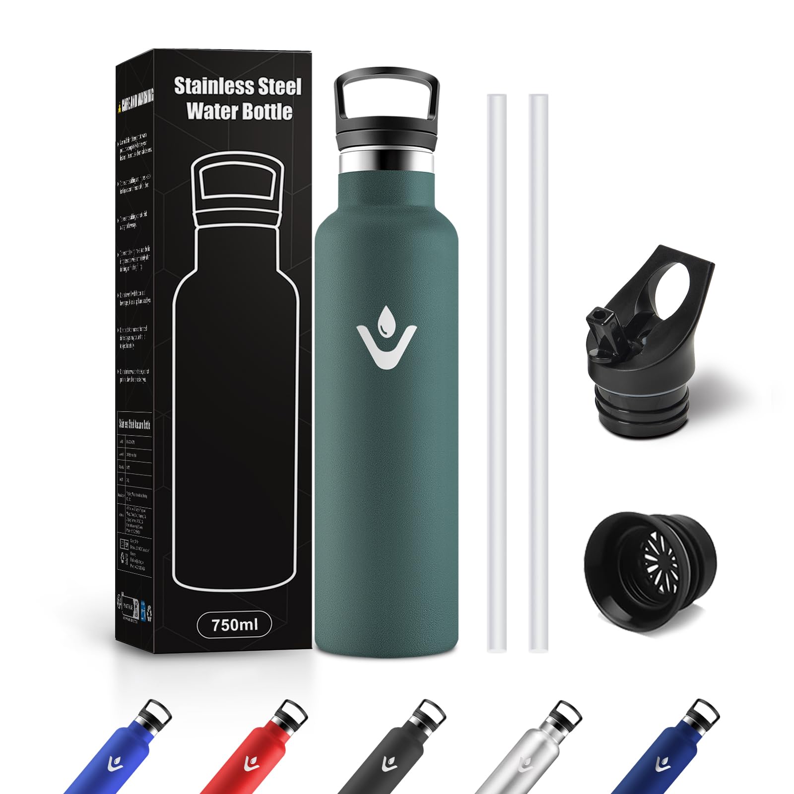 JAPORIA Borraccia Termica 750ml, Bottiglia con Cannuccia, senza BPA, Riutilizzabile, a Prova di Perdite, per Viaggio, Campeggio, Scuola, Gimnasio