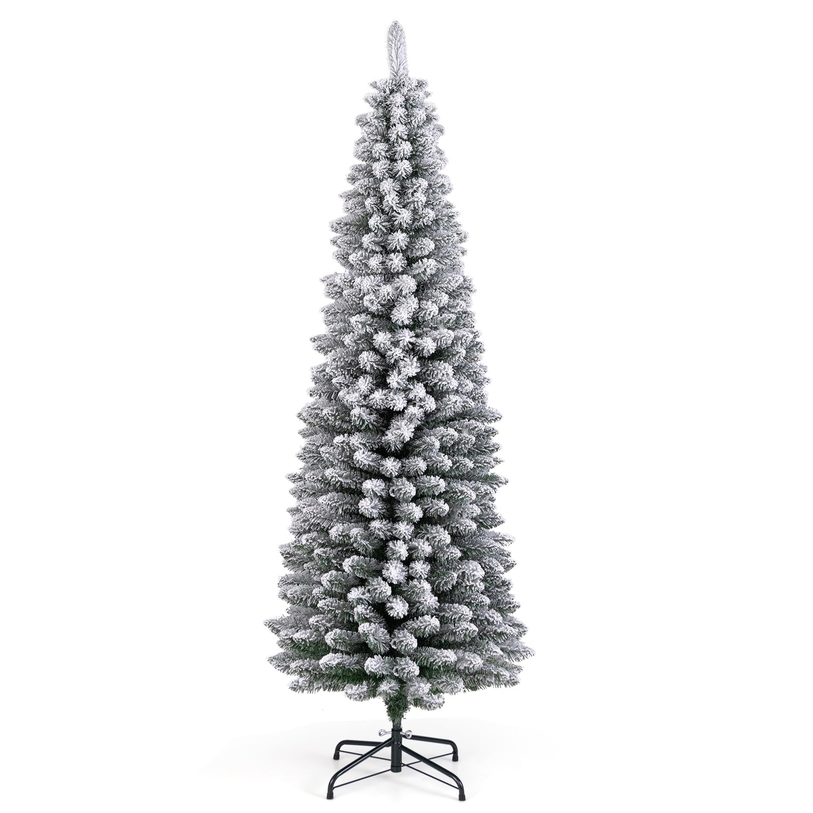 GYMAX Sapin de Noël Artificiel 180cm Mince Mignone, 460 Branches Blanches Floquées de Neige en PVC, Installation Facile en 3 Sections, Support en Métal, pour Maison, Bureau et Hôtel