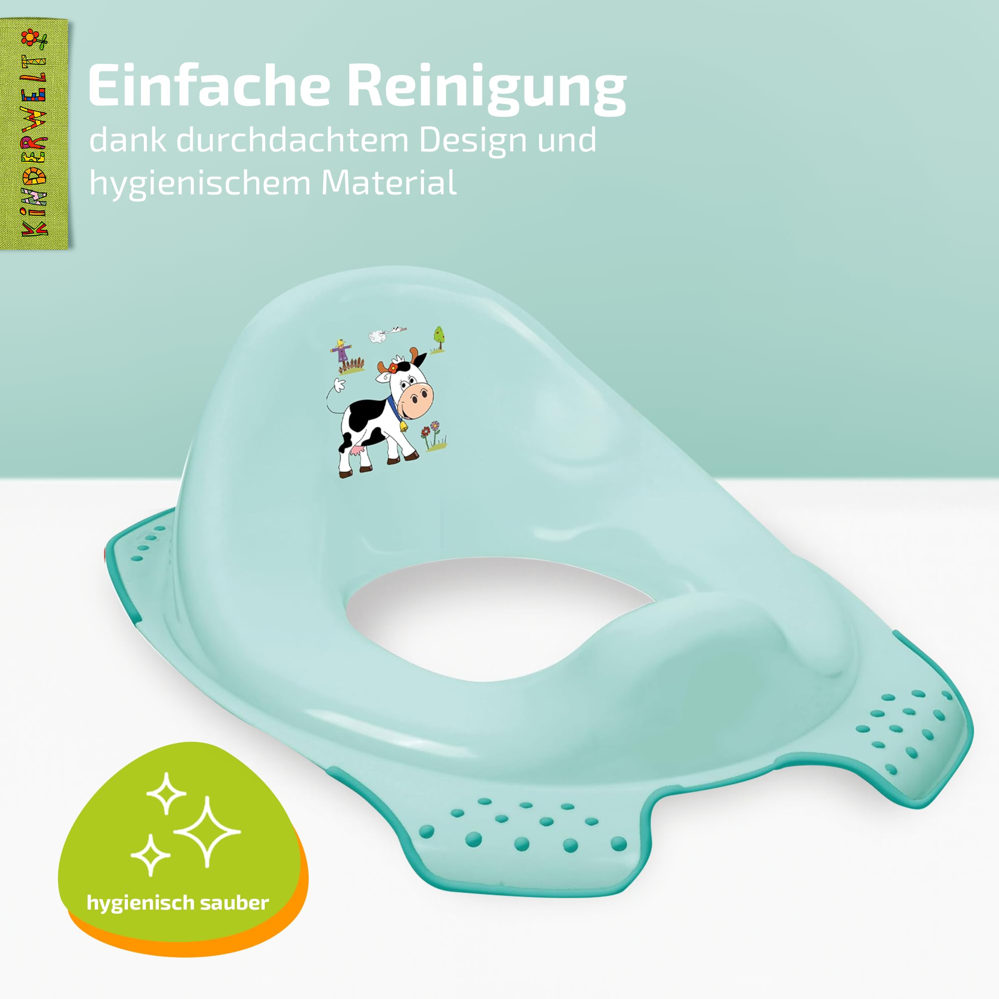 KiNDERWELT Premium Toilettensitz für Kinder und Babys, Funny Farm Design in Hellblau, Töpfchen für Kleinkinder ab 18 Monaten, abwischbar, rutschfest und BPA-frei