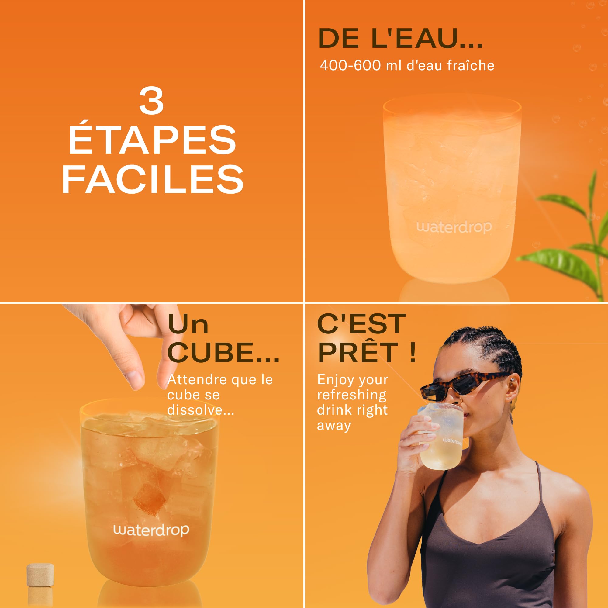 waterdrop® Thé Glacé Pêche, 36 cubes d'Ice Tea Sans Sucre, Saveur Thé Noir + Pêche, Pastilles d'eau aromatisées pour boissons, Extraits naturels de fruits et de plantes, Enrichi en vitamines