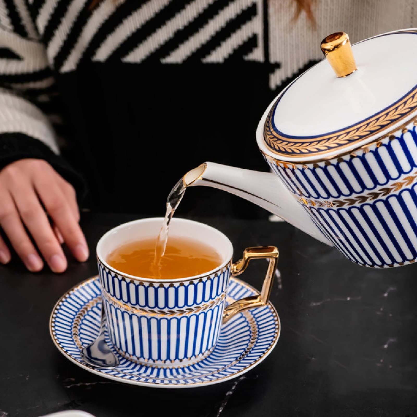 zestaw do herbaty, 15 szt. Porcelanowy zestaw do herbaty Zestawy filiżanek i spodków kawy Zestaw Serwis herbaciany Niebieskie paski Czajniczek, Cukiernica, Dzbanek śmietanki