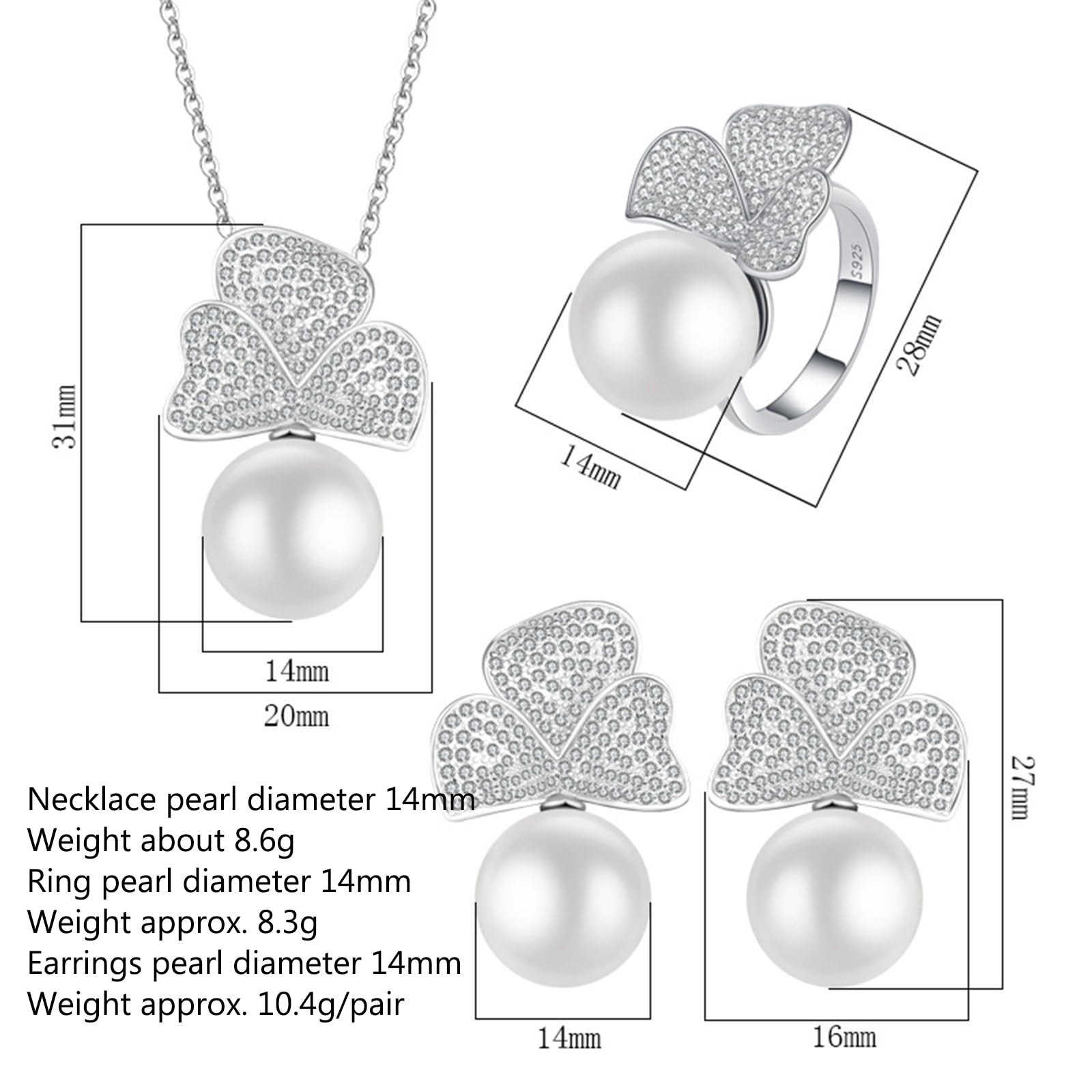 Set di gioielli da sposa in argento Sterling 925 con ciondolo a forma di trifoglio, collana con ciondolo a forma di fiore, orecchini con perle finte, 5 misure di anello (7), 7, metallo, senza pietre