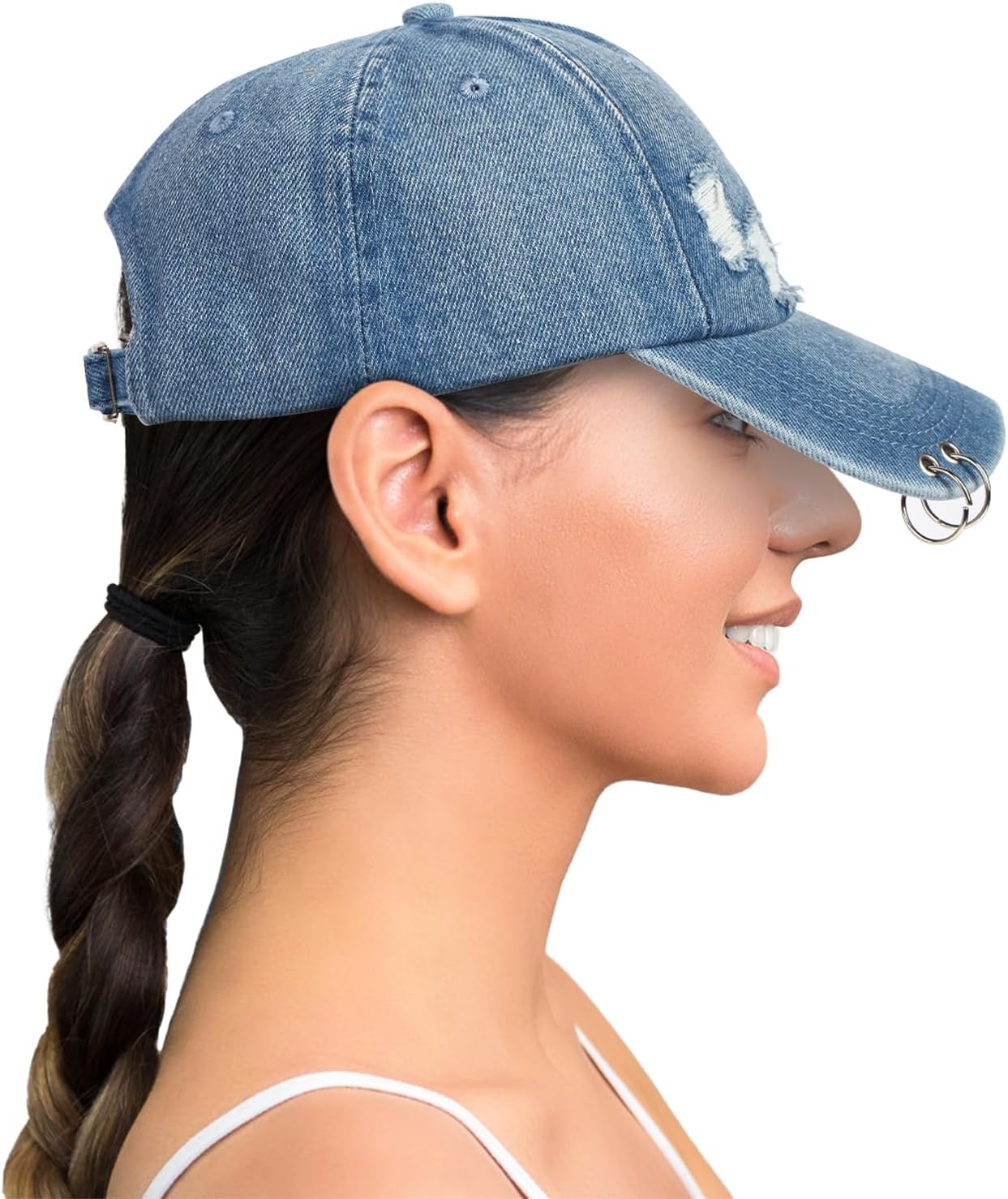 Vintage Distressed Jean Hat, Light Acid Washed Denim, Ripped Baseball Cap, Adjustable Clip for Universal Fit