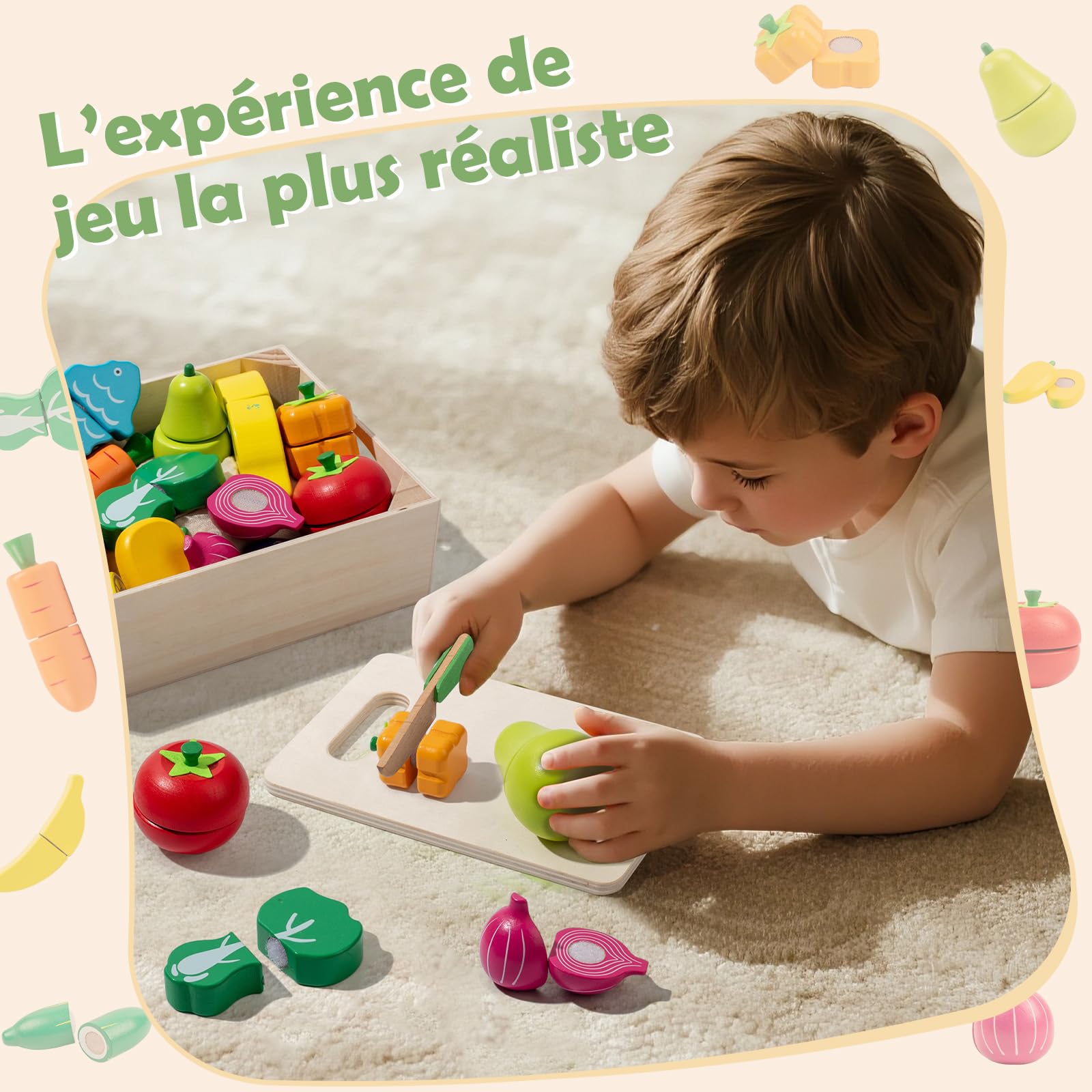Jeu de Coupe Fruits et Légumes en Bois avec Velcro pour Enfants 3 Ans, 32 Pièces Accessoires de Cuisine Dinette Jouet Éducatif Montessori