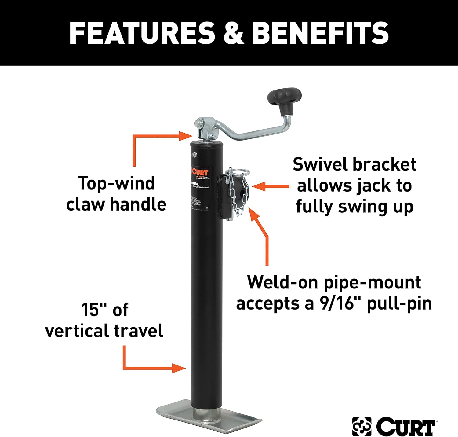 CURT 28322 Weld-On Pipe-Mount Swivel Trailer Jack, 3,000 lbs. Support Capacity, 15 Inches Vertical Travel