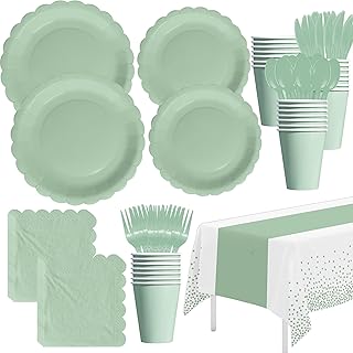 Sage Green Party Decorations Supplies Tableware, Light Green Paper Plates And Napkins, Tablecloth Printed Table Runner, Cutlery, for Birthday Baby Bridal Shower Wedding Anniversary, Serves 24