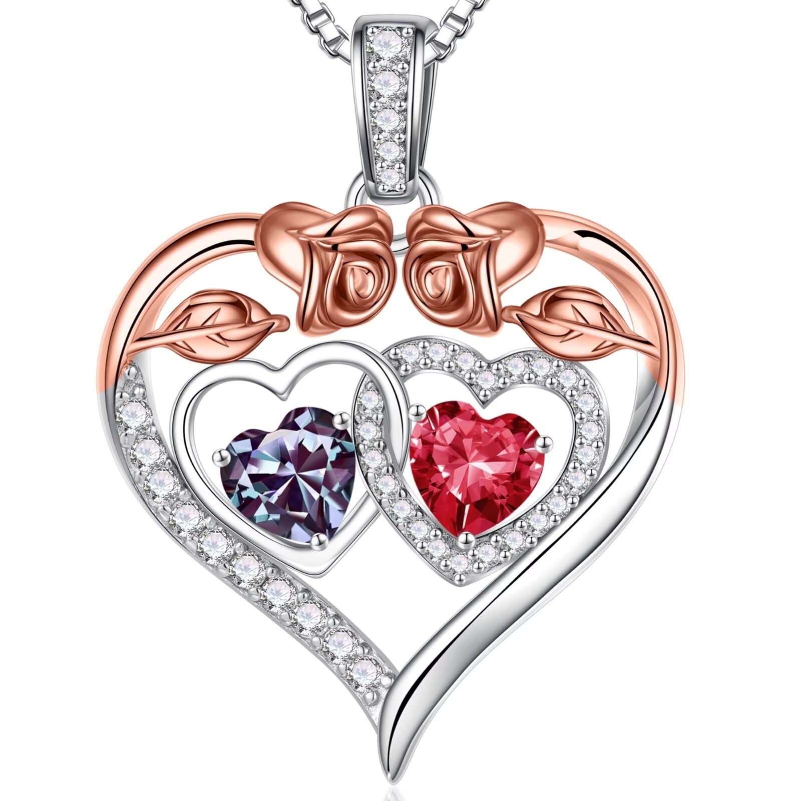 Iefil Birthstone Necklaces for Women - 925 Sterling Silver Rose Heart Necklaces for Women, Anniversary Birthday Gifts for Wife Girlfriend Mom