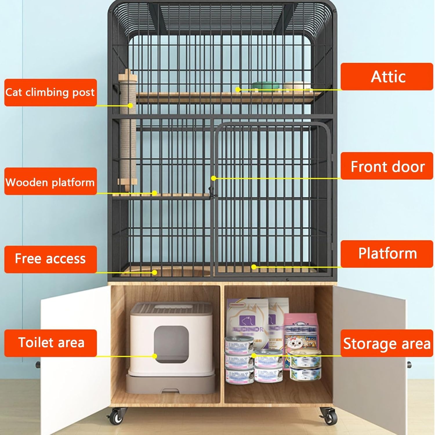 5-tier Cat Playpen, Cat Enclosures, Large Cat Cage, with Drawer Storage, Wooden Platform, Sturdy, Detachable, with Wheels, Pet Playpen, 31.5x23.6x61in(Black)