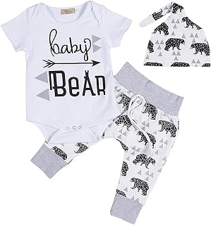 Cute Newborn Baby Boy Clothes Letter Print Romper+Bear Pant+Hat Outfit Set