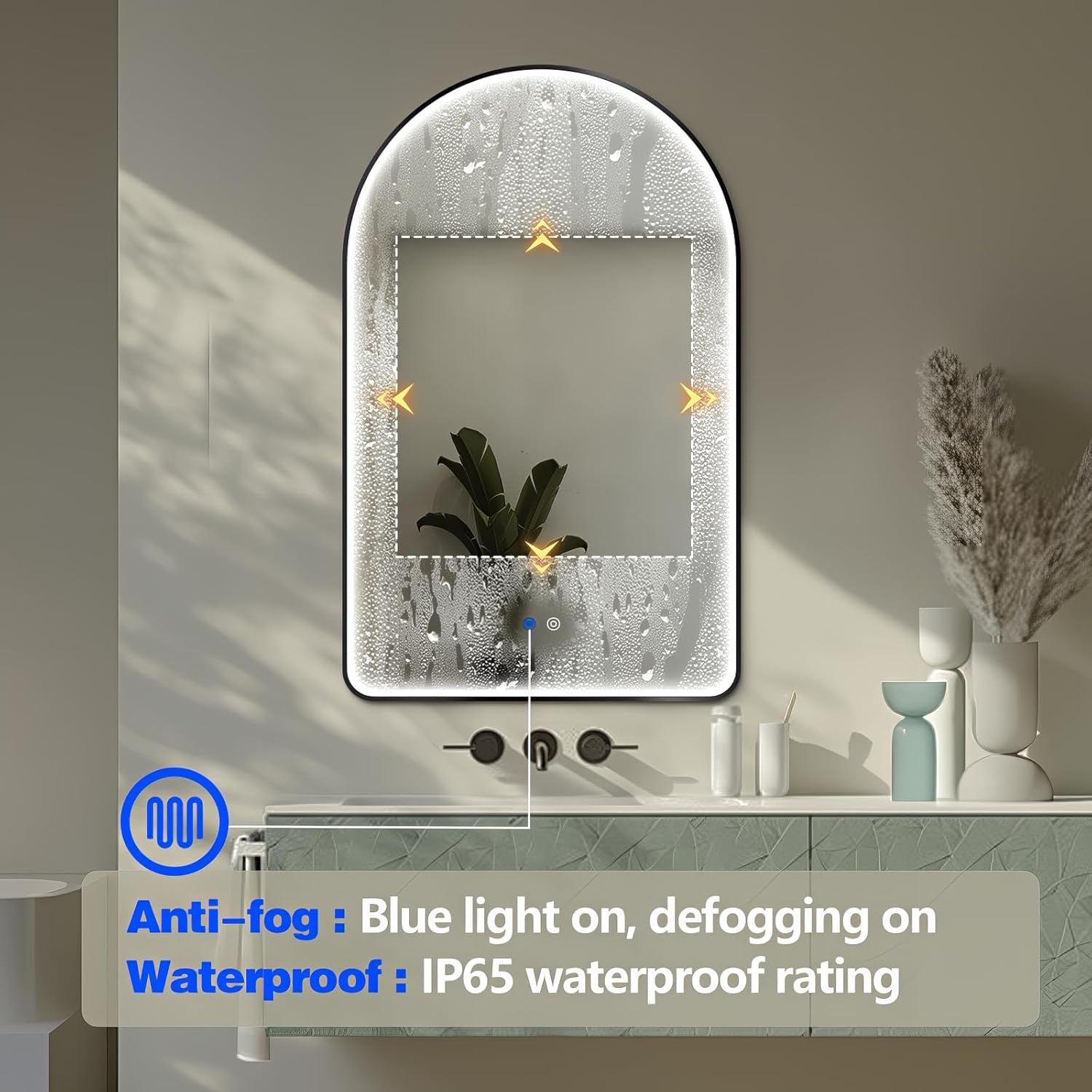 Niccy Arched LED Bathroom Mirror, 30"x20" Black Framed Arch Wall Lighted Mirrors, Arching Frontlit Vanity-Mirror with Memory Function for Bathroom Bedroom, Defogger and 3 Color, Explosion-Proof