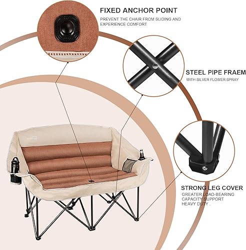 Miniatura 5 de Silla de camping totalmente acolchada para 2 personas, silla de campamento de gran tamaño, sillas de campamento dobles para adultos, sofá de