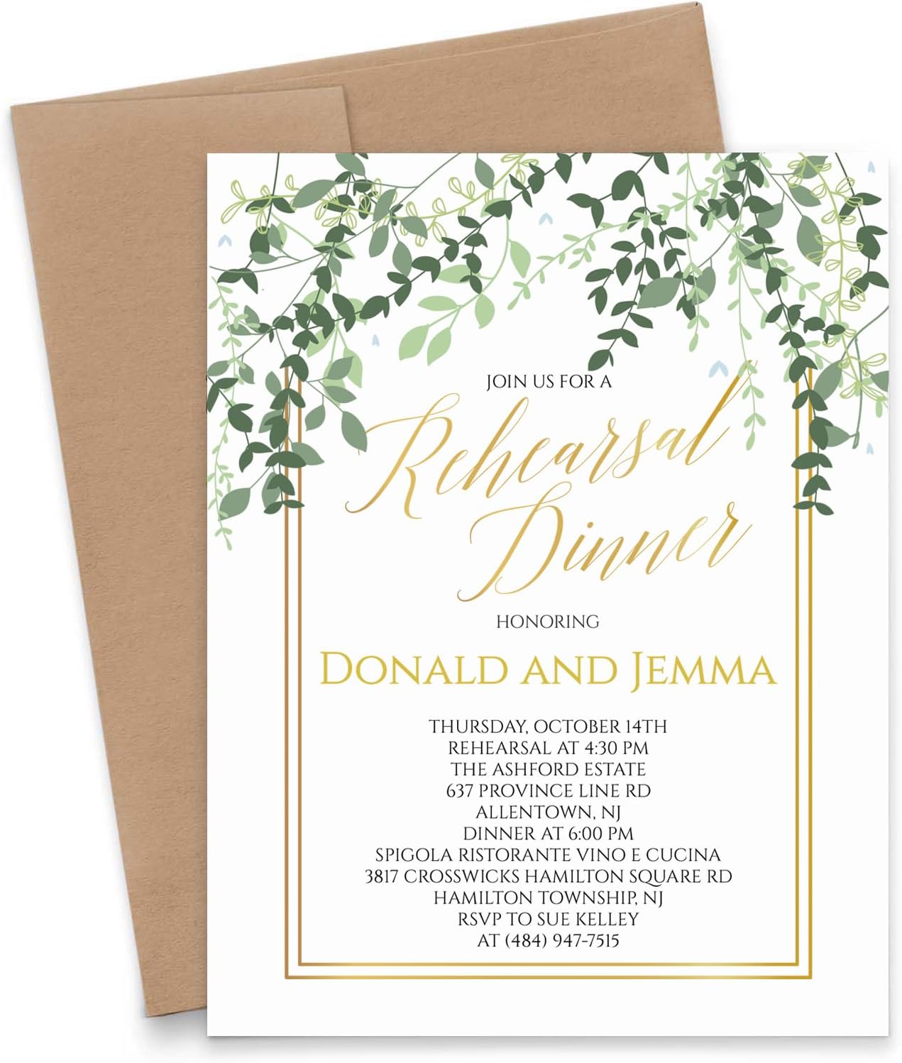 Modern Pink Paper Elegant Greenery Rehearsal Dinner Invitation, Gold Rehearsal Dinner Party Invites Personalized, Your choice of Quantity and Envelope Color