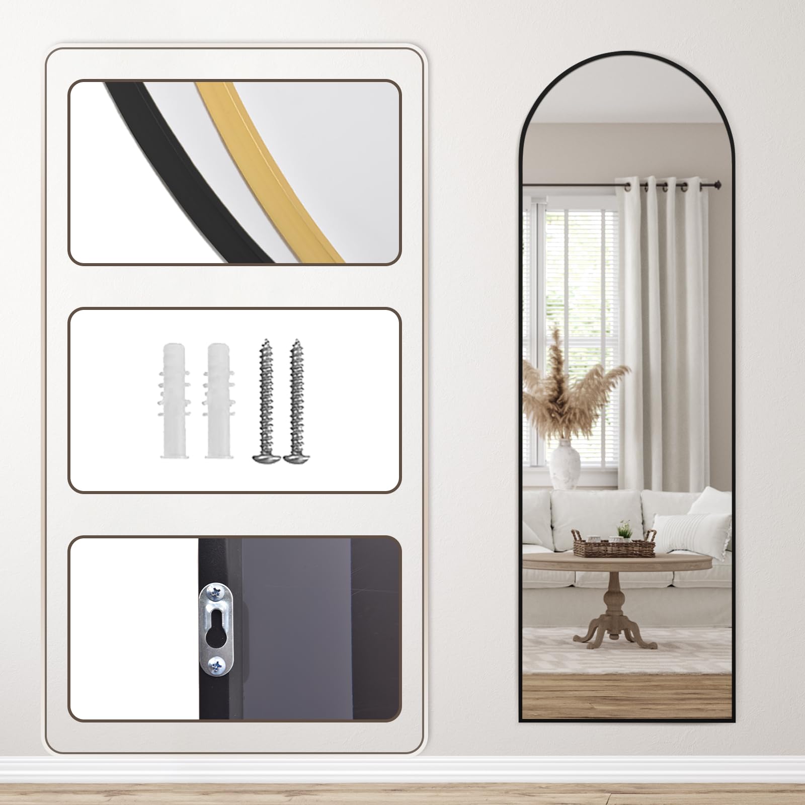 Melodieux Miroir Pleine Longueur, Arc, 147 x 44 cm, Grand Miroir autoportant, Cadre en Aluminium, Noir, pour Dressing, Salon, Chambre à Coucher