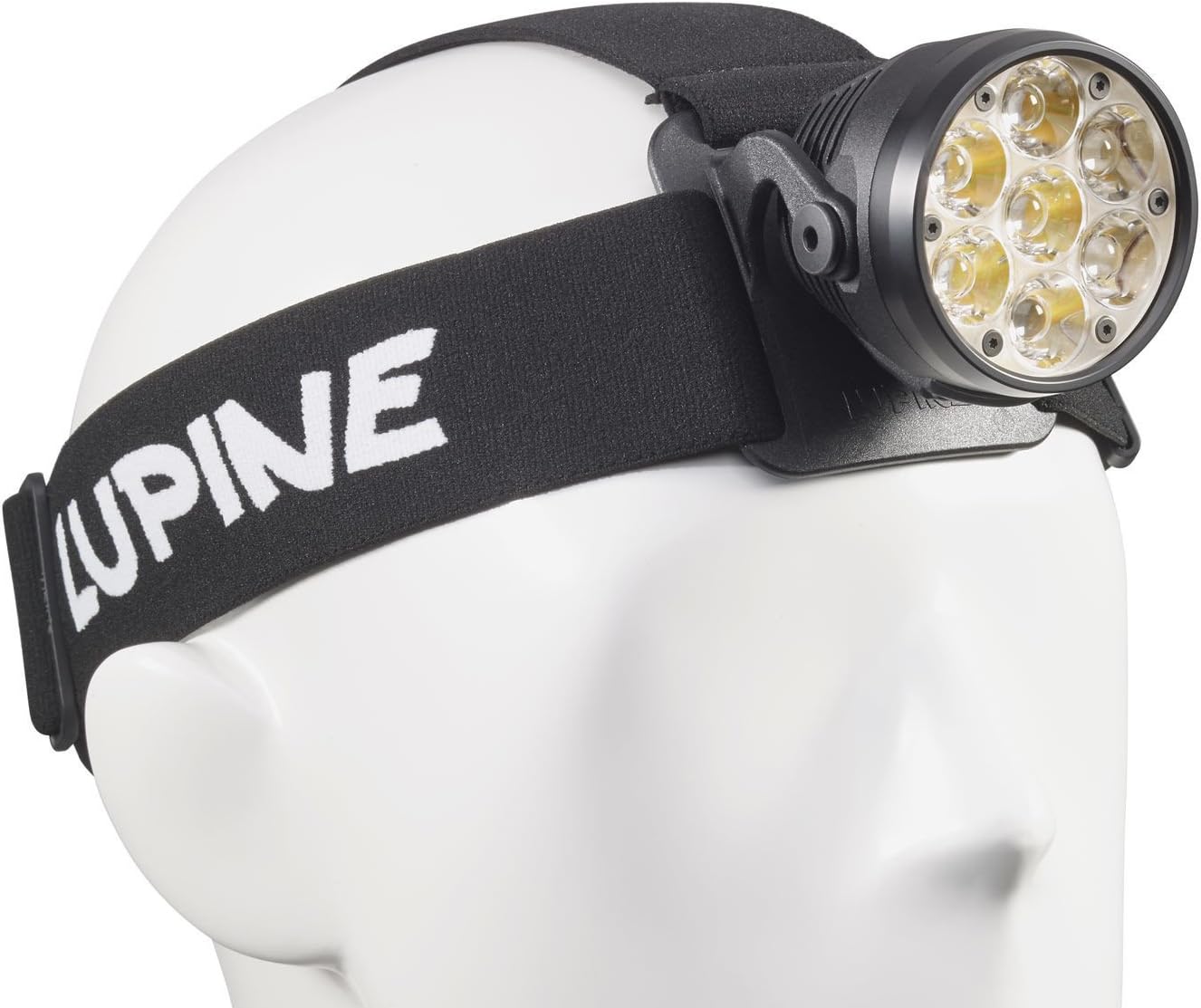 Hareupeun view of the Lupine Betty RX 14 Headlamp on a mannequin head