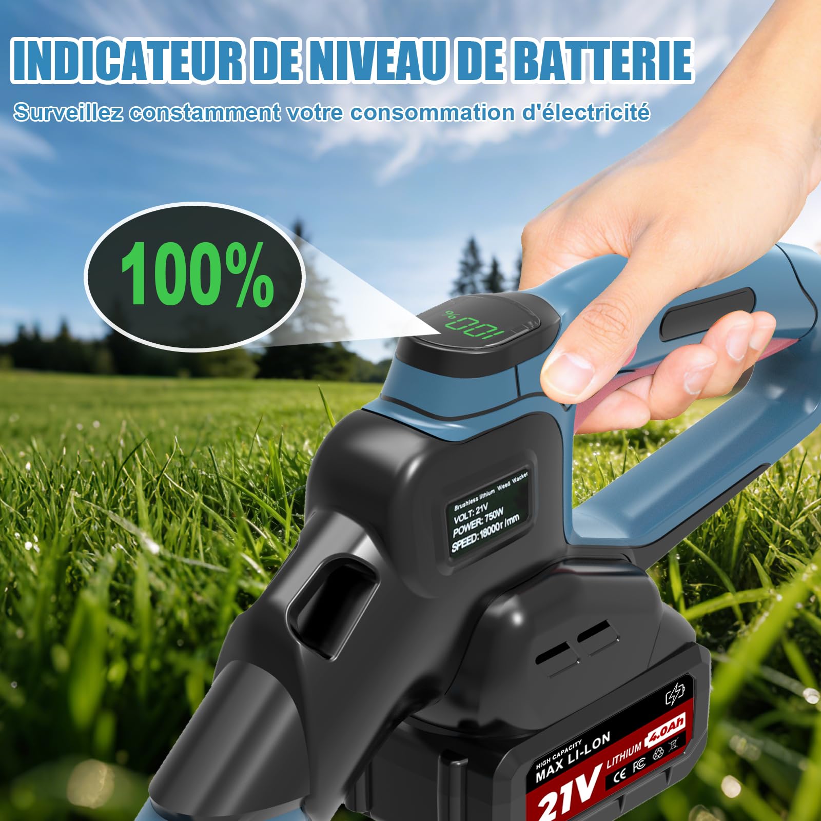 Coupe Bordure sans Fil avec Batterie,Coupe-Herbe 5 en 1 à Batterie-Moteur sans balais 750 W, Débroussailleuse avec 2×4,0 Ah 21 V, Pliable - Convient pour Le Jardin, la pelouse et Le désherbage - Bleu