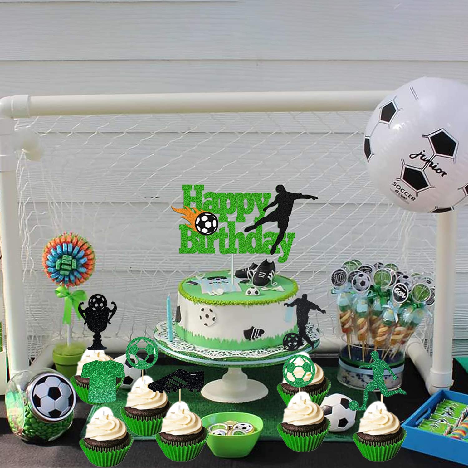 HCRXVV Lot de 31 décorations de gâteau de football Happy Birthday - Pour anniversaire d'enfant garçon - Figurines de football - Pour muffins - Décoration d'anniversaire - Football - Sport - Vert HCRXVV Lot de 31 décorations de gâteau de football Happy Birthday - Pour anniversaire d'enfant garçon - Figurines de football - Pour muffins - Décoration d'anniversaire - Football - Sport - Vert