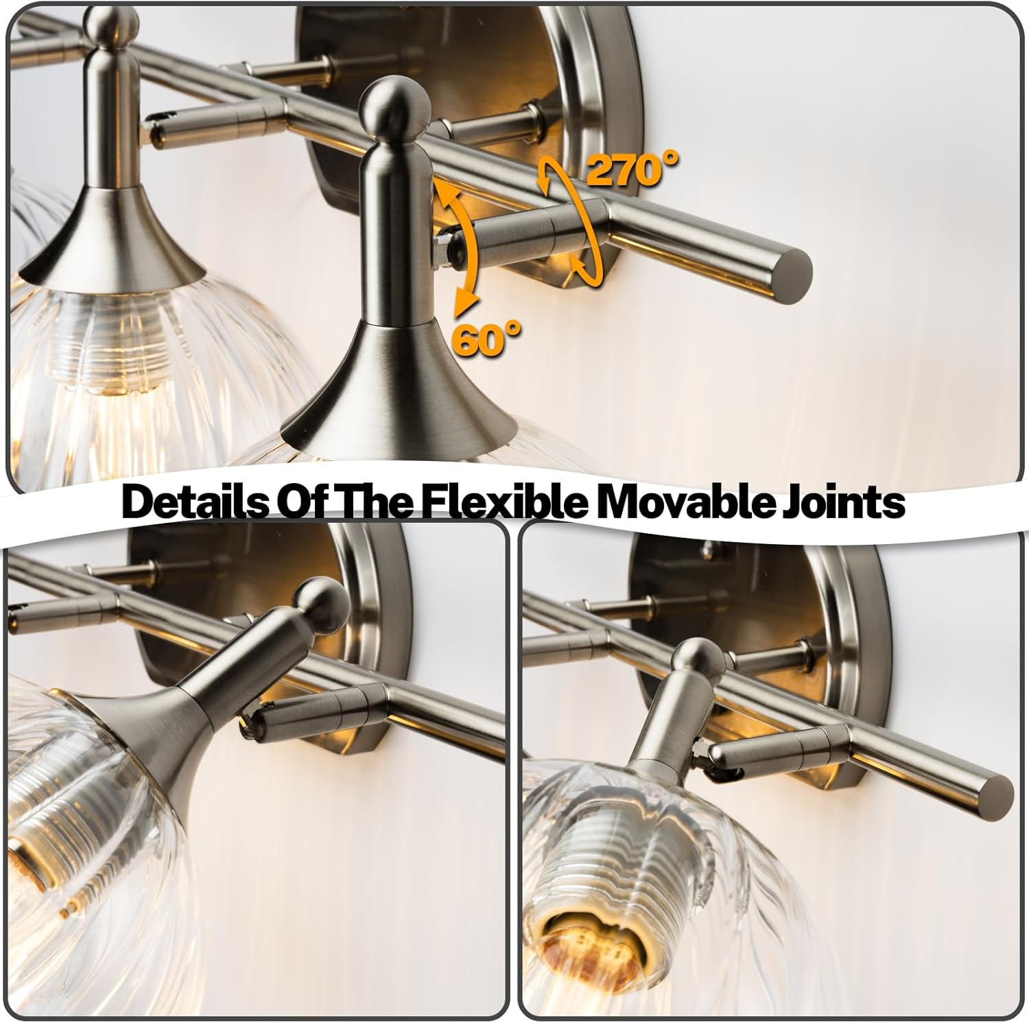 OSYNNIQ 3 Light Bathroom Vanity Lights Over Mirror, Modern Lighting Fixture with Clear Glass Globe Shade Brushed Nickel Wall Sconce IP44 for Makeup Shaving Bedroom Living Room(Bulb Not Included)