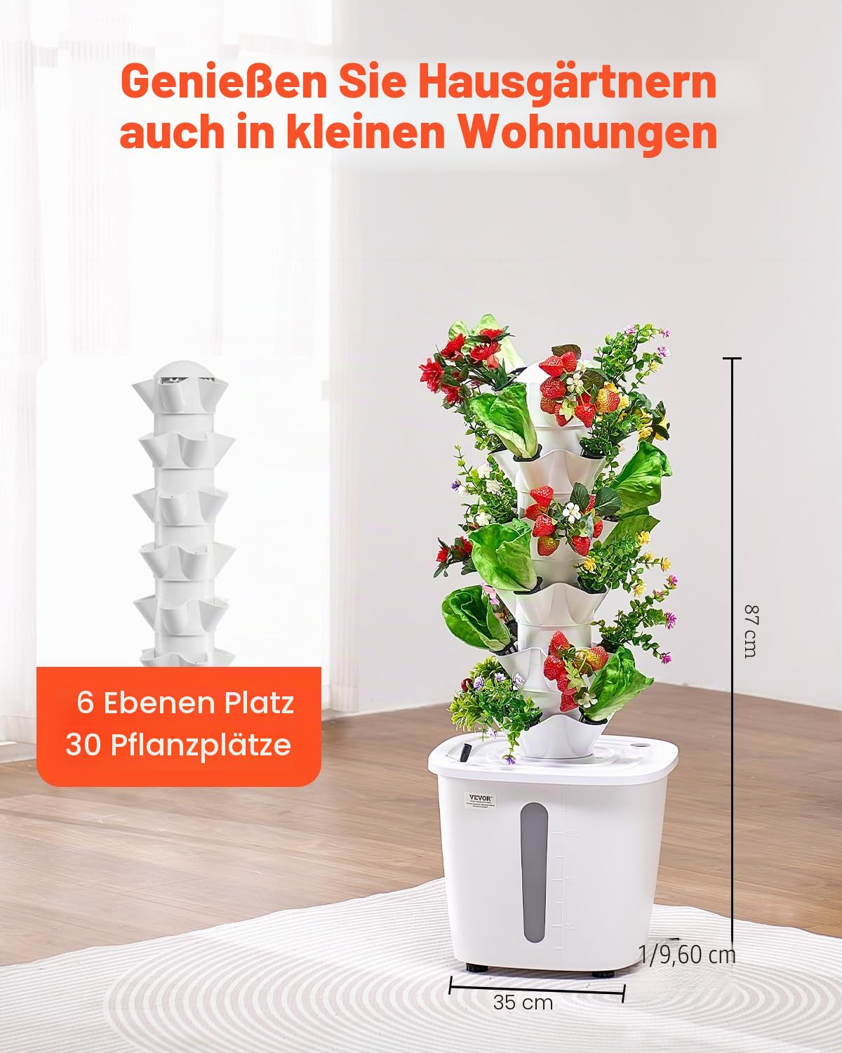 VEVOR Hydroponisches Anbausystem, 30 Steckplätze Hydroponik Turm mit 6 Ebenen, Hydronischer Garten für Zuhause mit Wasserpumpe & Timer, Wasserzirkulationspflanzen-Keimset für Kräuter, Obst und Gemüse