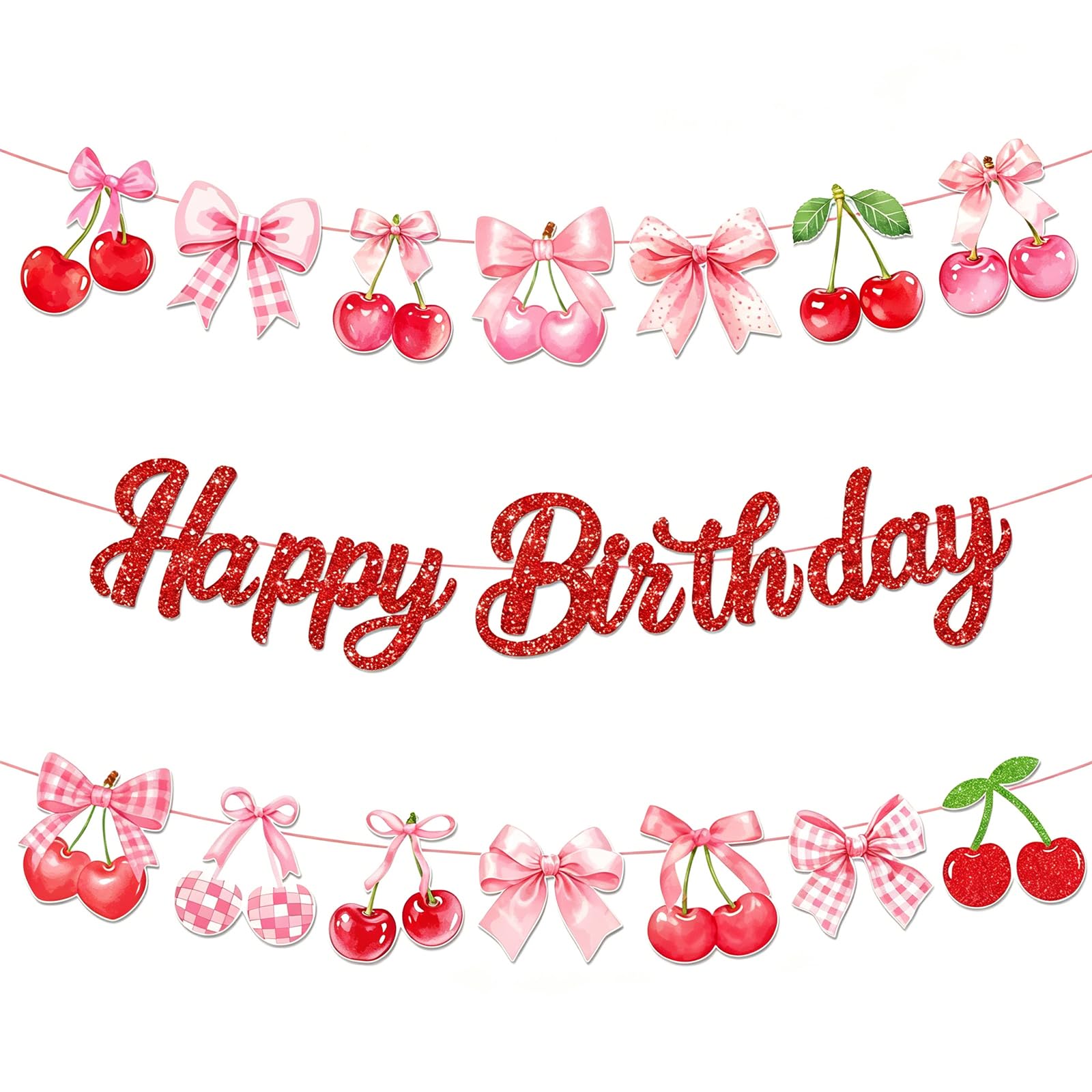 3Pcs Cherry Happy Birthday Banner, Pink Bow Birthday Decorations, Glitter Happy Birthdays Banners, Coquette Cherry Party Decorations, Funny Photography Props for Girls & Women