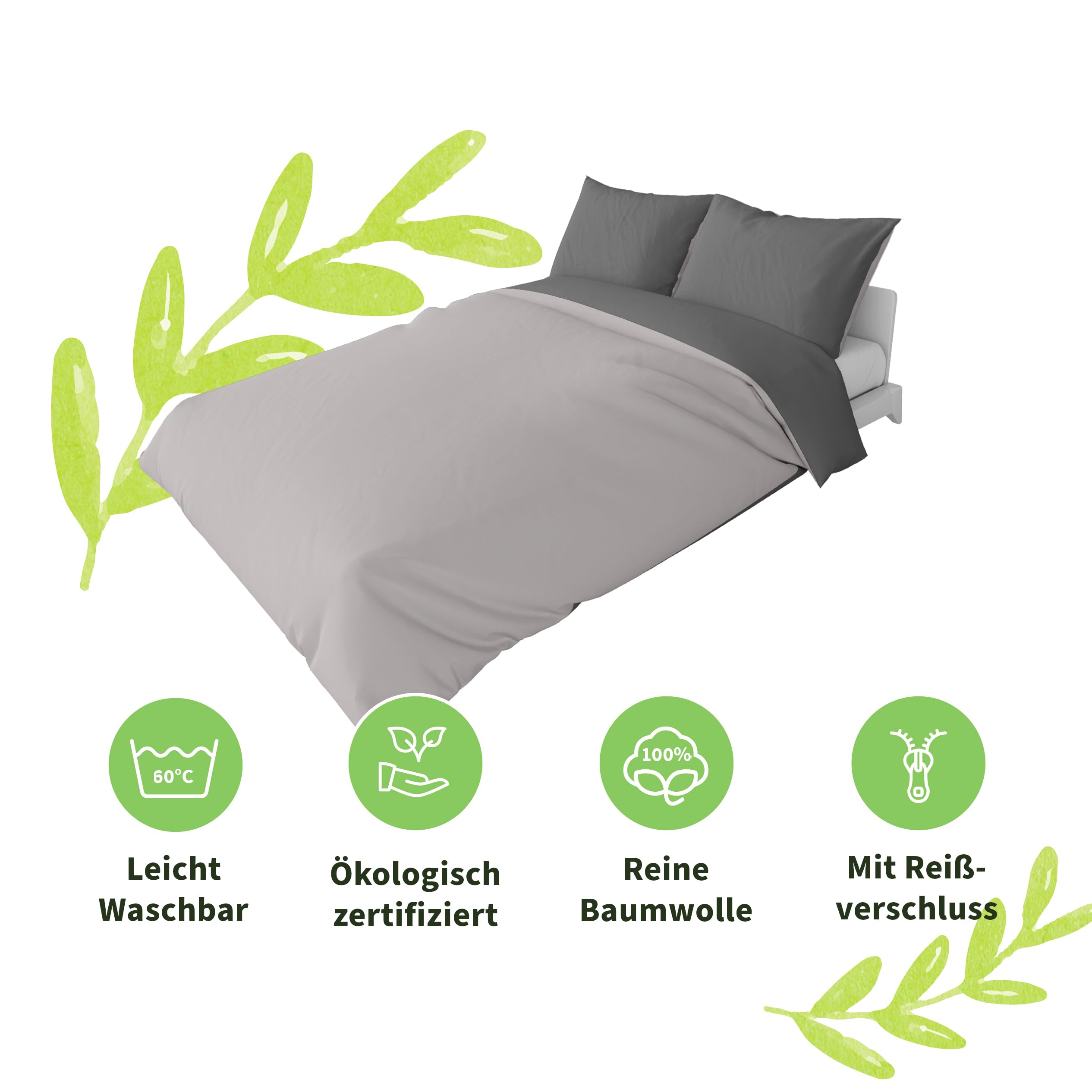 BaSaTex Bettwäsche Set, 200x200 + 2X 80x80 cm, Uni Anthrazit-Grau/Silber