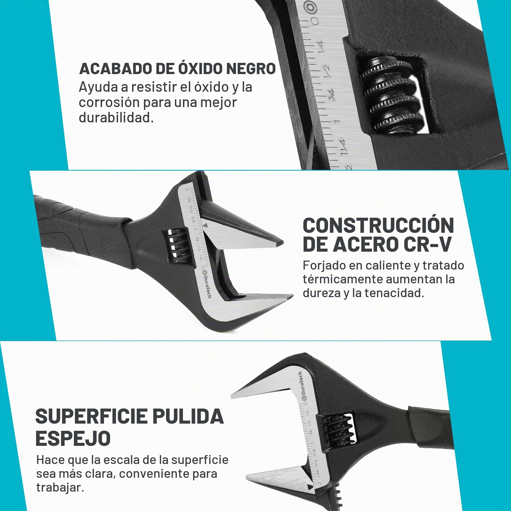 DURATECH Llave ajustable para fontanería de 250mm, Llave ajustable de apertura ancha, forjada en caída Cr-V, SAE y escala métrica marcada, agarre ergonómico