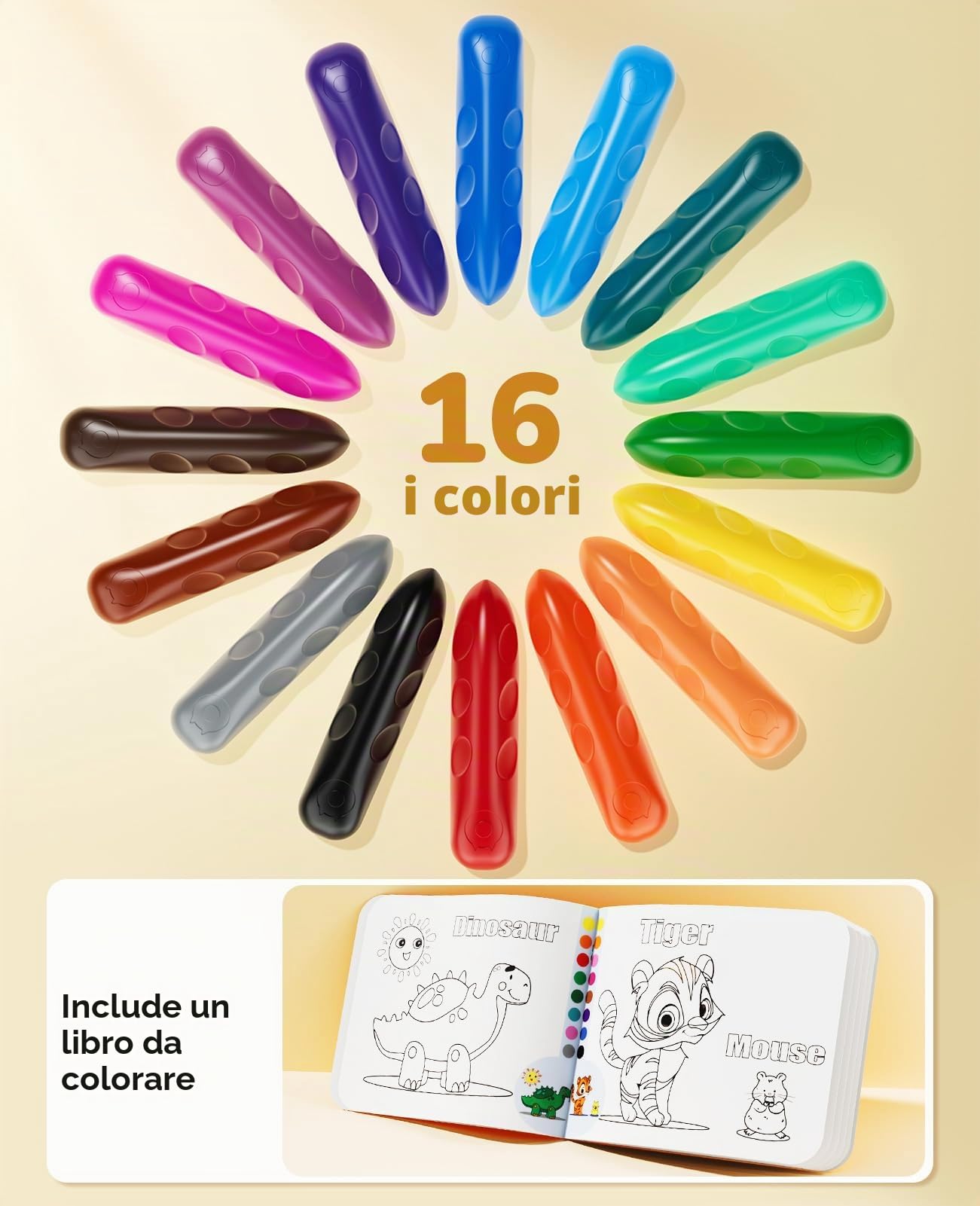JoyCat Pastelli Jumbo in 16 colori per bambini dai 1 ai 3 anni, lavabili, triangolari, grandi, per bambini dai 4 agli 8 anni, facili da impugnare, infrangibili, atossici, materiali artistici con libro