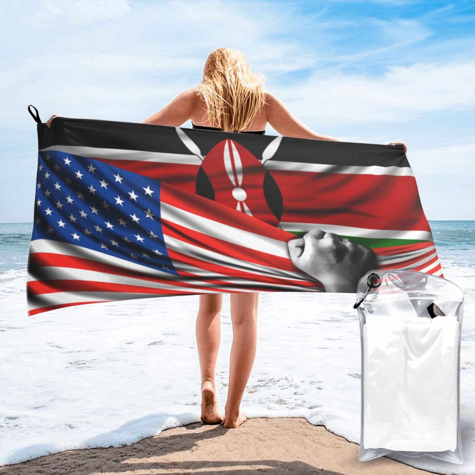 HACXZ Beach Towel America Flag and Kenyan Flag Microfiber Beach Towel Lightweight Absorbent 27.5"X55"