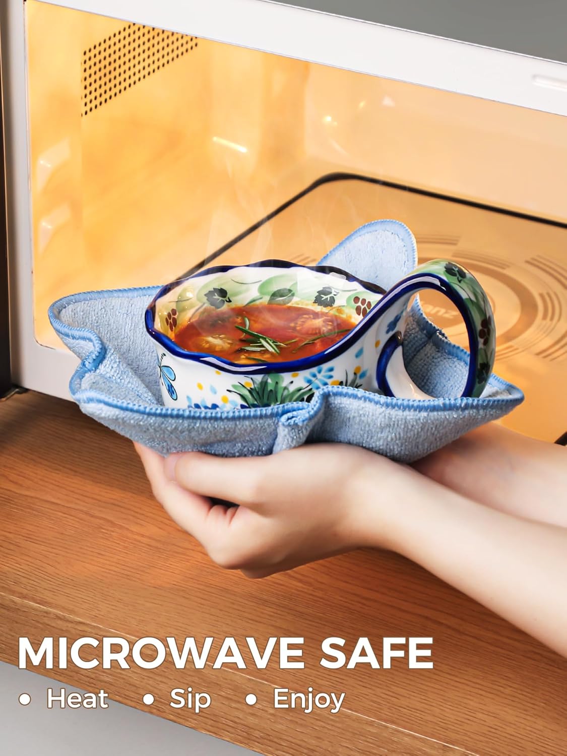 Soup Bowl with Handle, Microwavable Ceramic Soup Mug with Bowl Snuggies, Soup Cups for Stew, Fruits, Chili (​Azure Blossom)