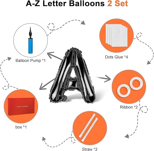 Miniatura 2 de 53 globos de letras negras, pancarta de globo con frase personalizada incluye 2 juegos de la A a la Z y bomba, decoraciones inflables de cumpleaños