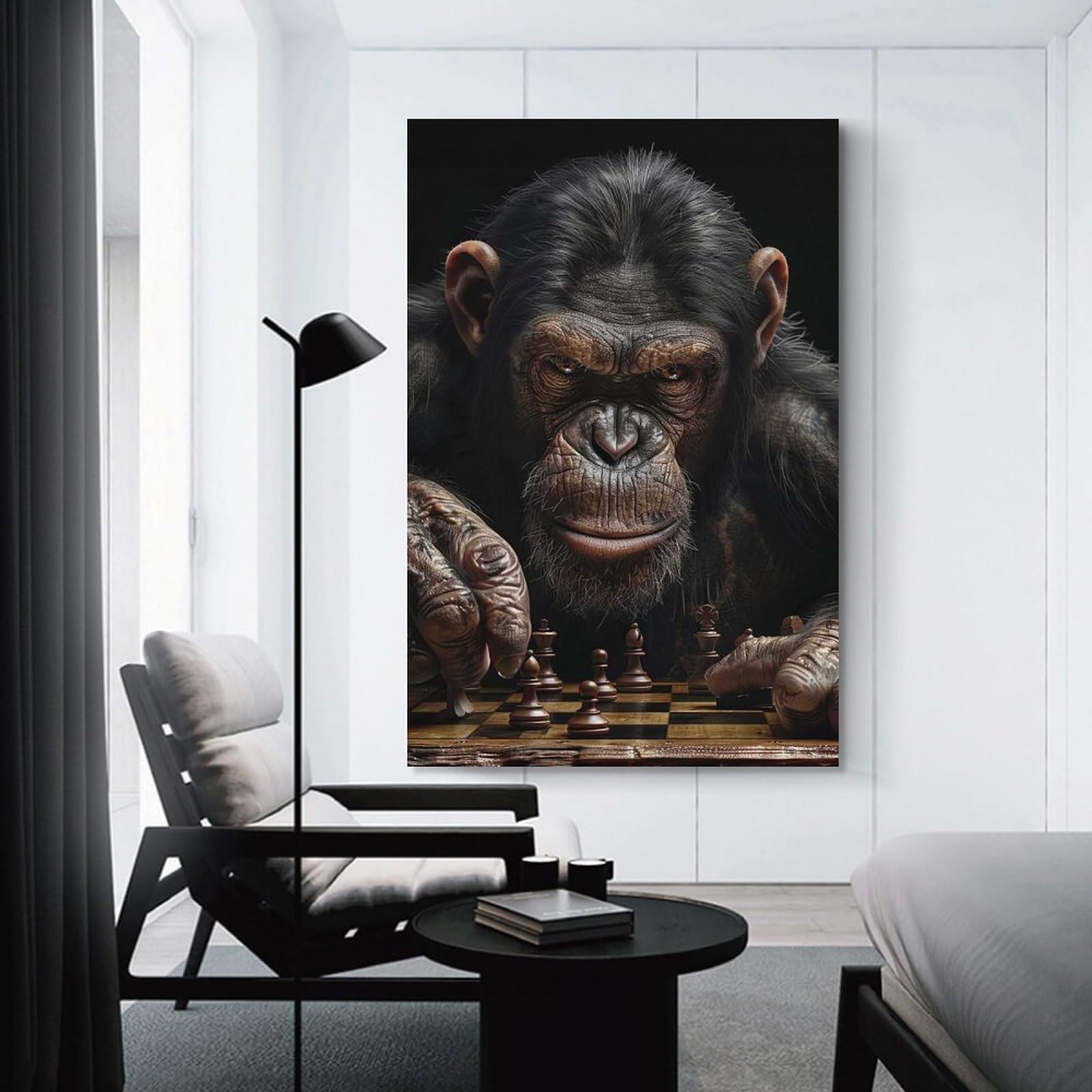 Junmoney Chimpanzee Chess Wall Art Print 24x36inch(60x90cm), for Hallway, Entryway Or Landing, Wall Decor to Refresh Empty Corners, for Cosy Room Updates