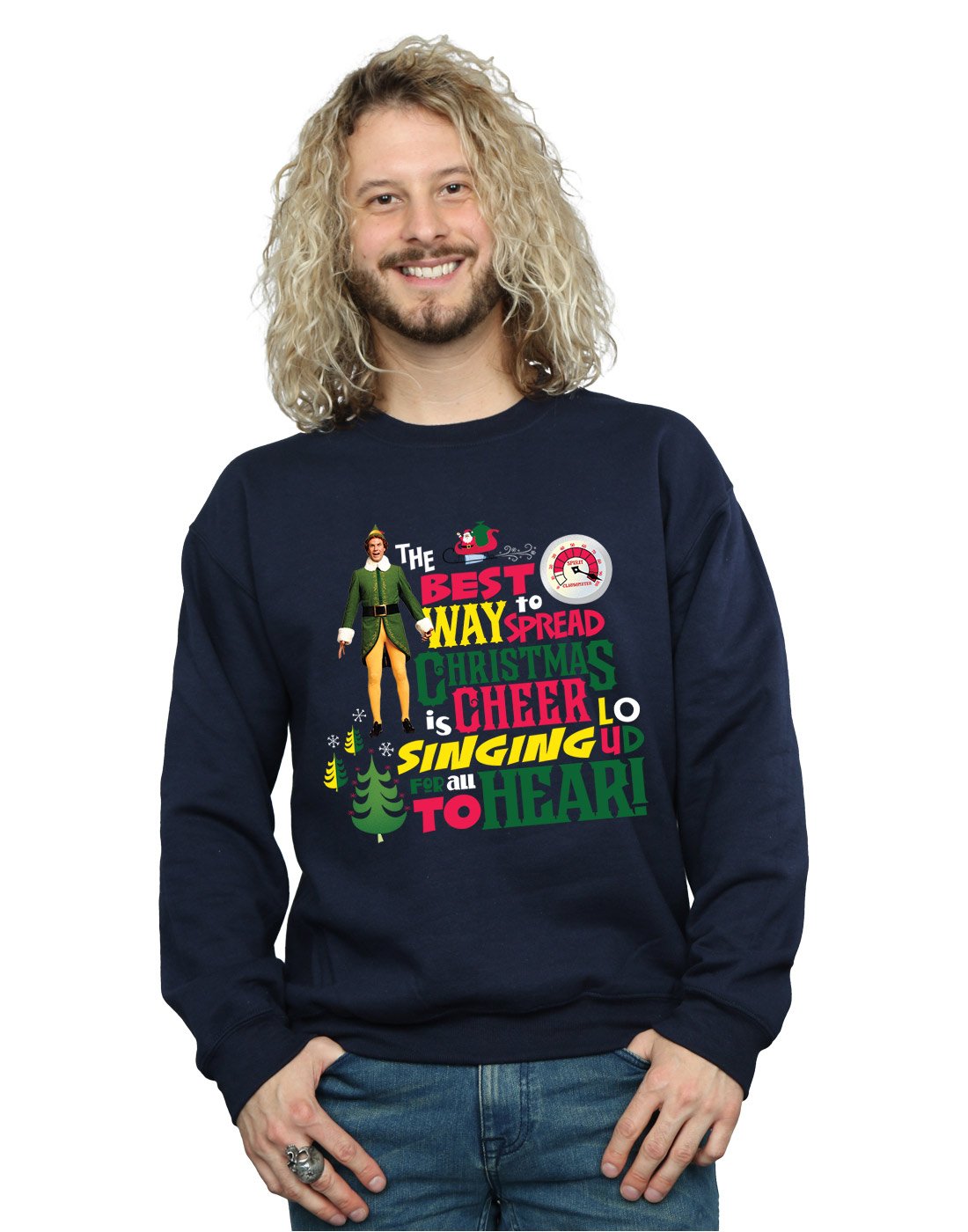 Elf Men's Christmas Cheer Sweatshirt X-Large Navy Blue