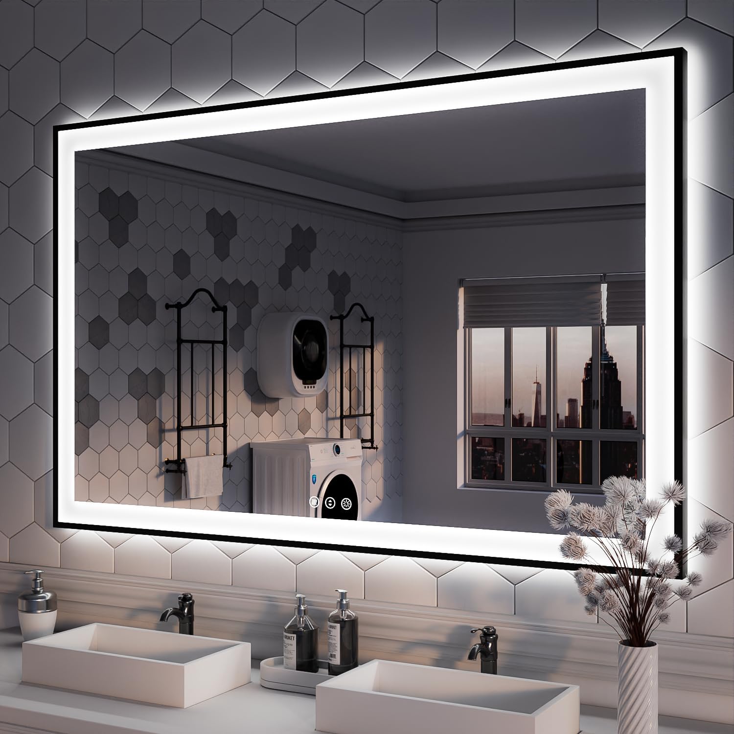 ISKM Framed LED Mirror for Bathroom 55"x36", Dimmable LED Bathroom Mirror with Lights, Anti-Fog, Front and Backlit Lighted Mirror 3-Colors, Shatterproof, Memory Function 55"L x 36"W