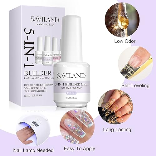 Miniatura 6 de SAVILAND Gel de base transparente 5 en 1 de 0.5fl oz, fortalecedor de uñas de construcción rápida, gel U VLED para reparación de uñas rotas,