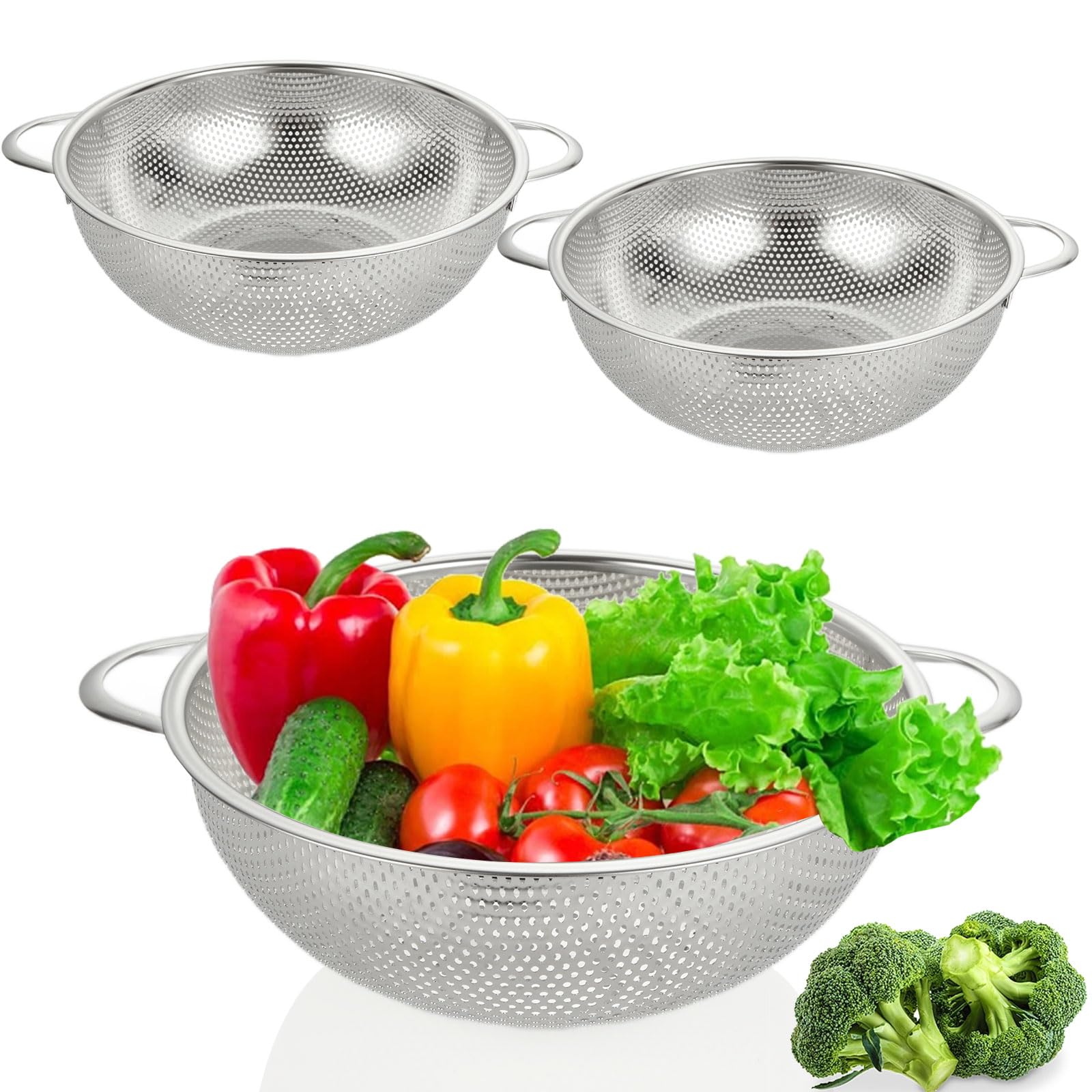 APACALI 3 PCS Colander Stainless Steel, 22.5cm Stainless Steel Colanders with Handle, Colander Stainless Steel Large, Kitchen Colander Strainer Set for Rice, Pasta, Vegetable, Fruit