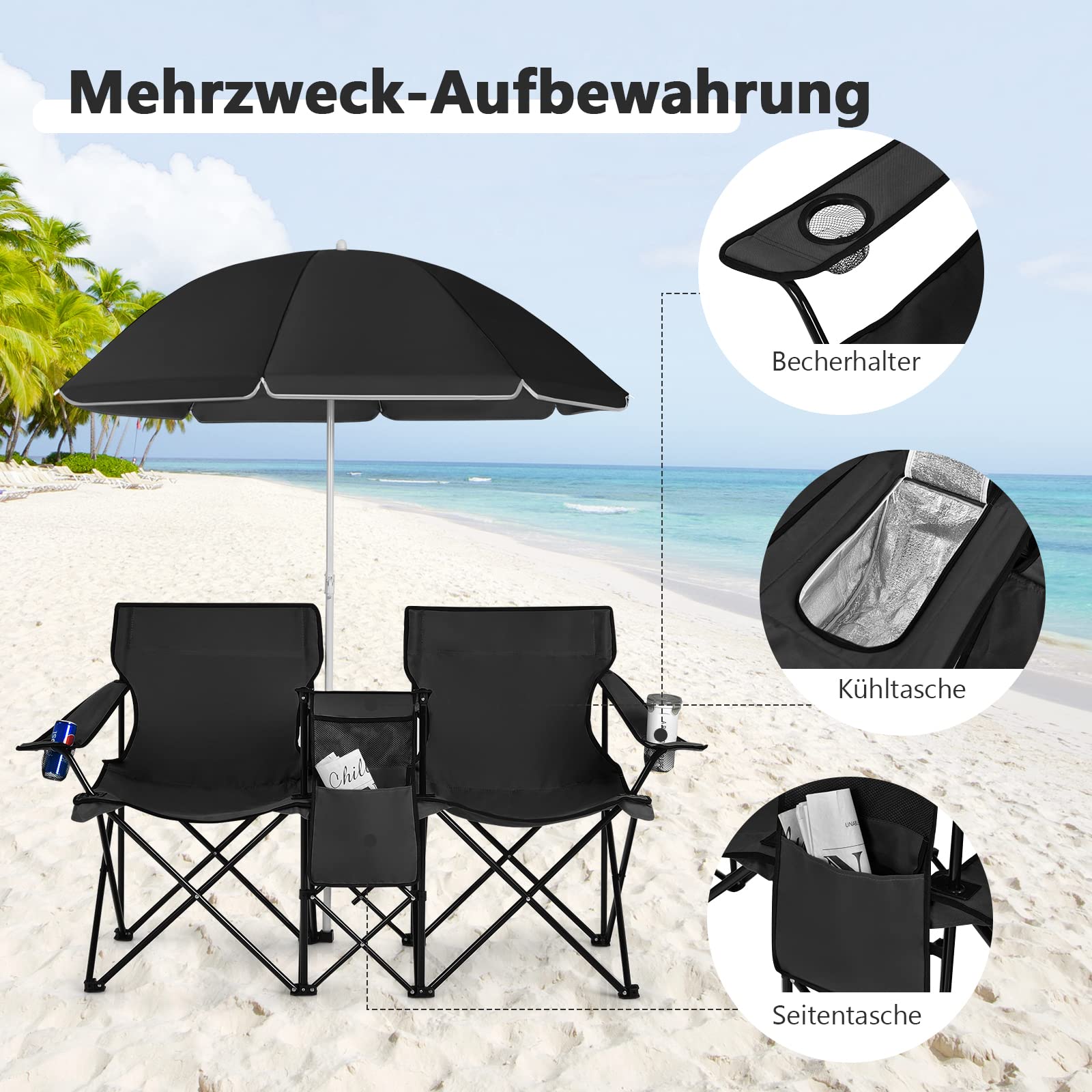 COSTWAY 2-Sitzer Campingstuhl mit Sonnenschirm, Kühltasche, Getränkehalter & Seitentasche, klappbarer Angelstuhl mit Tragetasche, Faltstuhl, Klappstuhl für Camping, Angeln, Picknick (Schwarz)