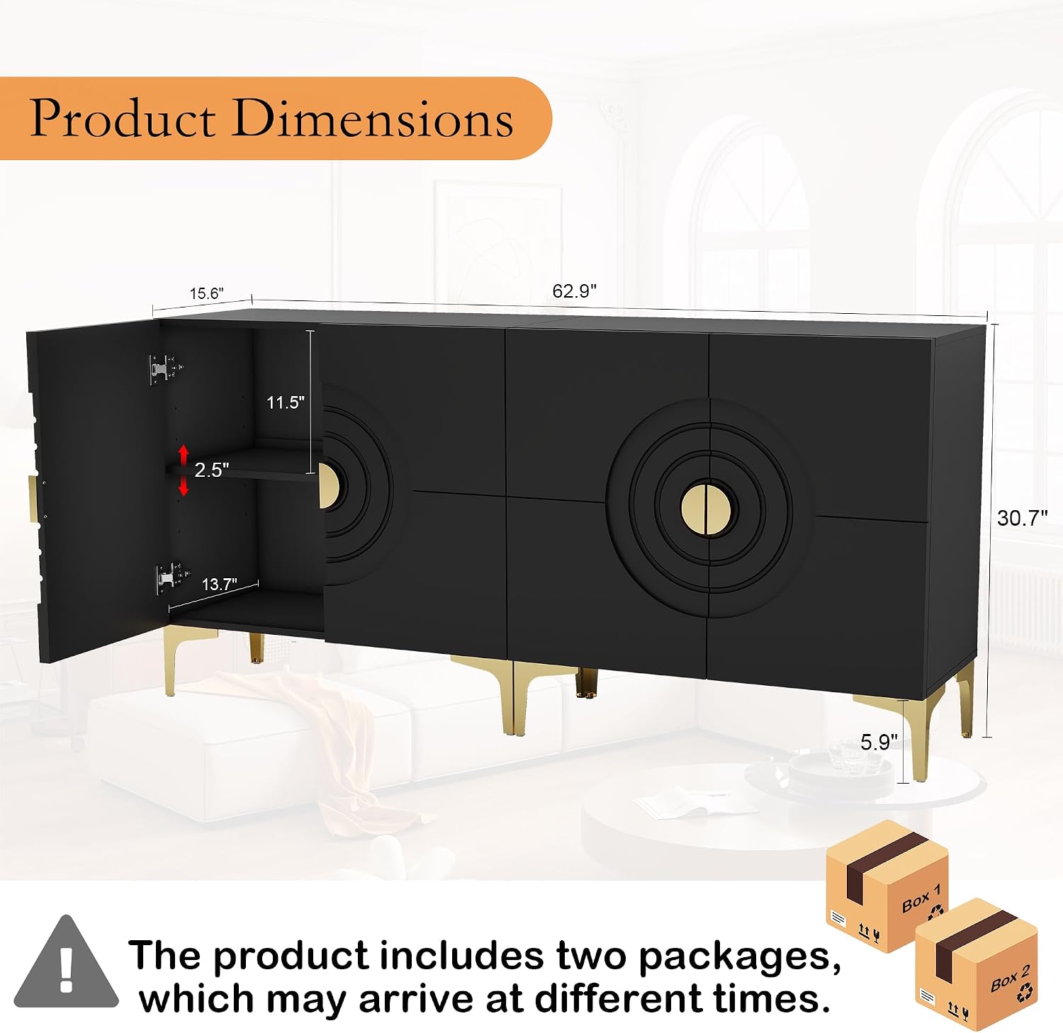 Sideboard Buffet Cabinet with Storage: 63" Black and Gold Accent Cabinet with 2 Doors, Modern Fluted Credenza Storage Cabinet for Living Room，Dining Room Small Console Cabinets (2, Black)