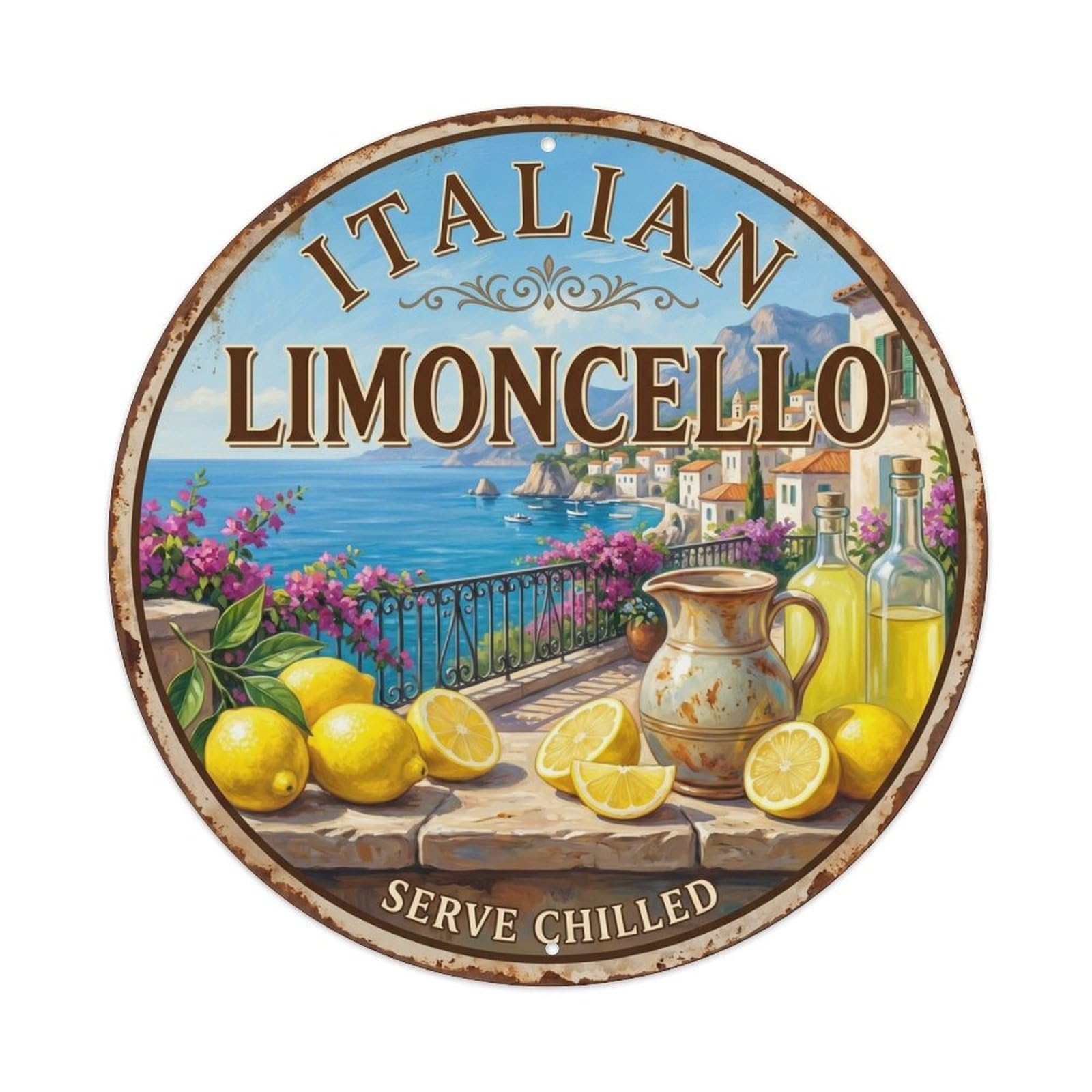 Fqcyn Style Italian Limoncello Tradition Metal Tin Sign Plaque Wall Decor For Cafe, Club Bar, Office, Home Garden Round Metal Poster 8X8inch