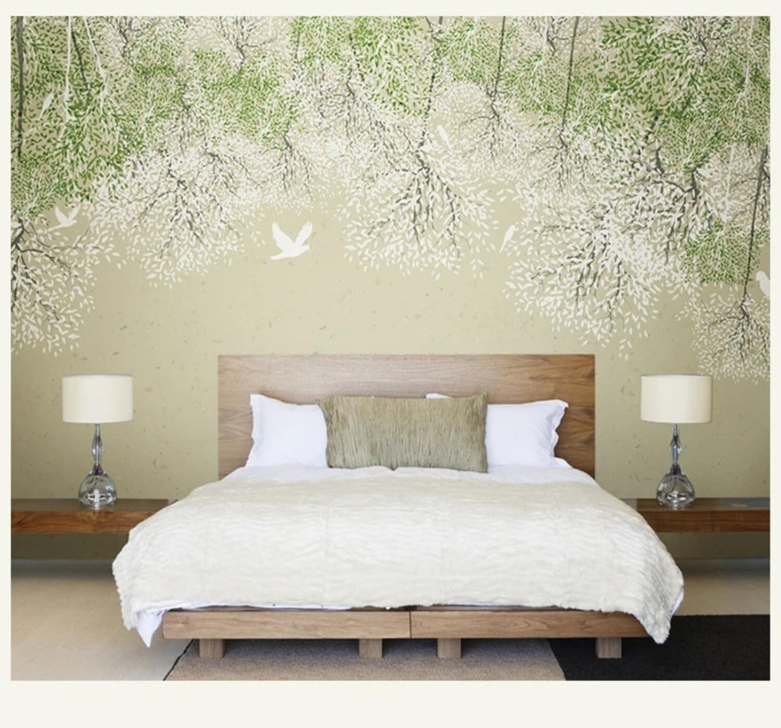 Wallpaper-3D-Xlm 400Cm×280Cm(B×H) Hand Drawn Fresh Birds Trees Flowers 3D Wallpaper Easy Install Feature Office Living Room Sofa Bedroom Tv Background Wall Decoration-400Cm×280Cm