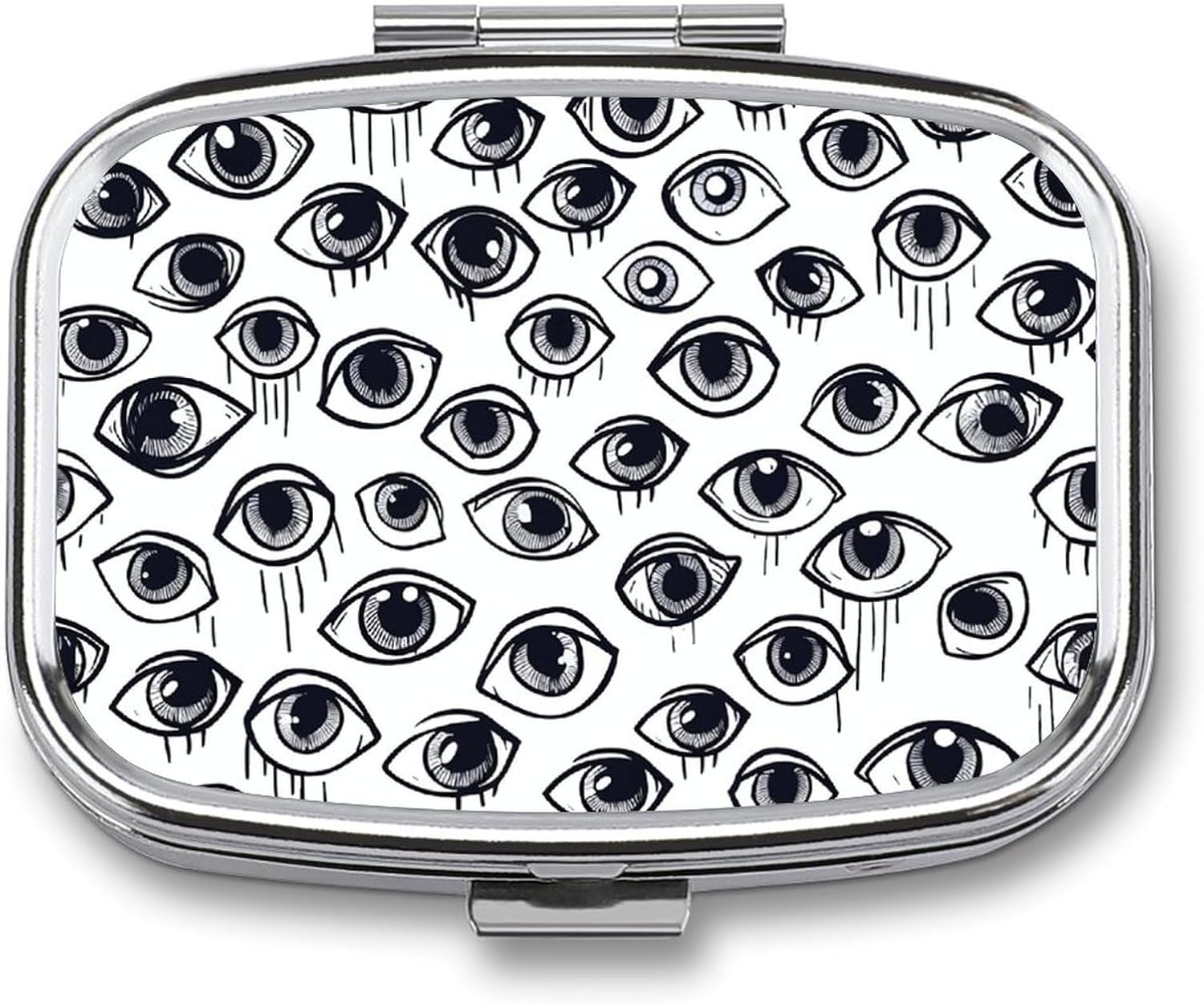 Eyeball Line Pattern Pill Box 2 Compartment Waterproof Pill Case with Mirror Portable for Purse Pocket Daily Medicine Vitamin Organizer Travel Med Container Holder for Fish Oil Supplements