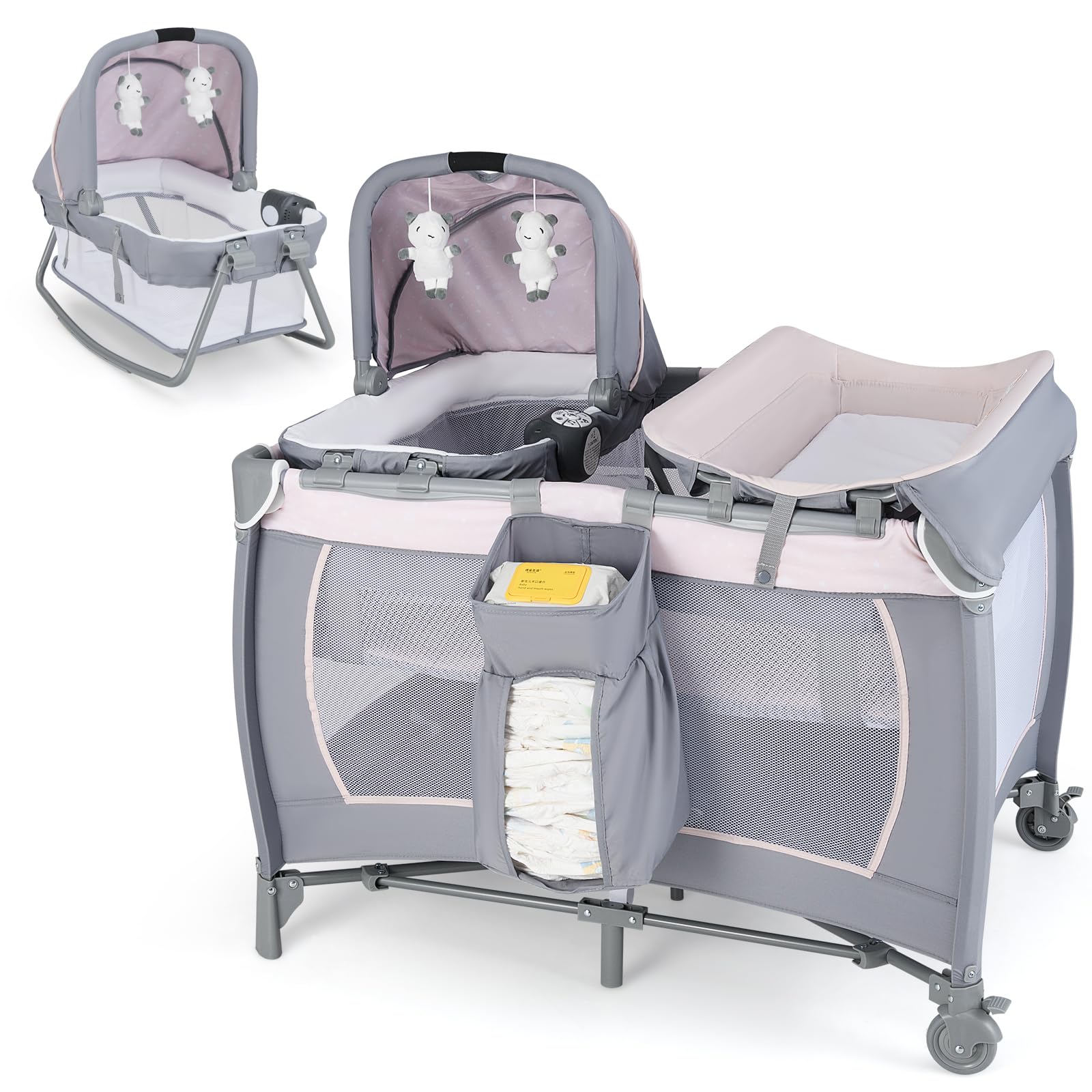 HONEY JOY Pack and Play with Bassinet, Infant Nursery Center Pack and Play w/Newborn Cradle & Hanging Toys, Diaper Storage, Music, Portable Baby