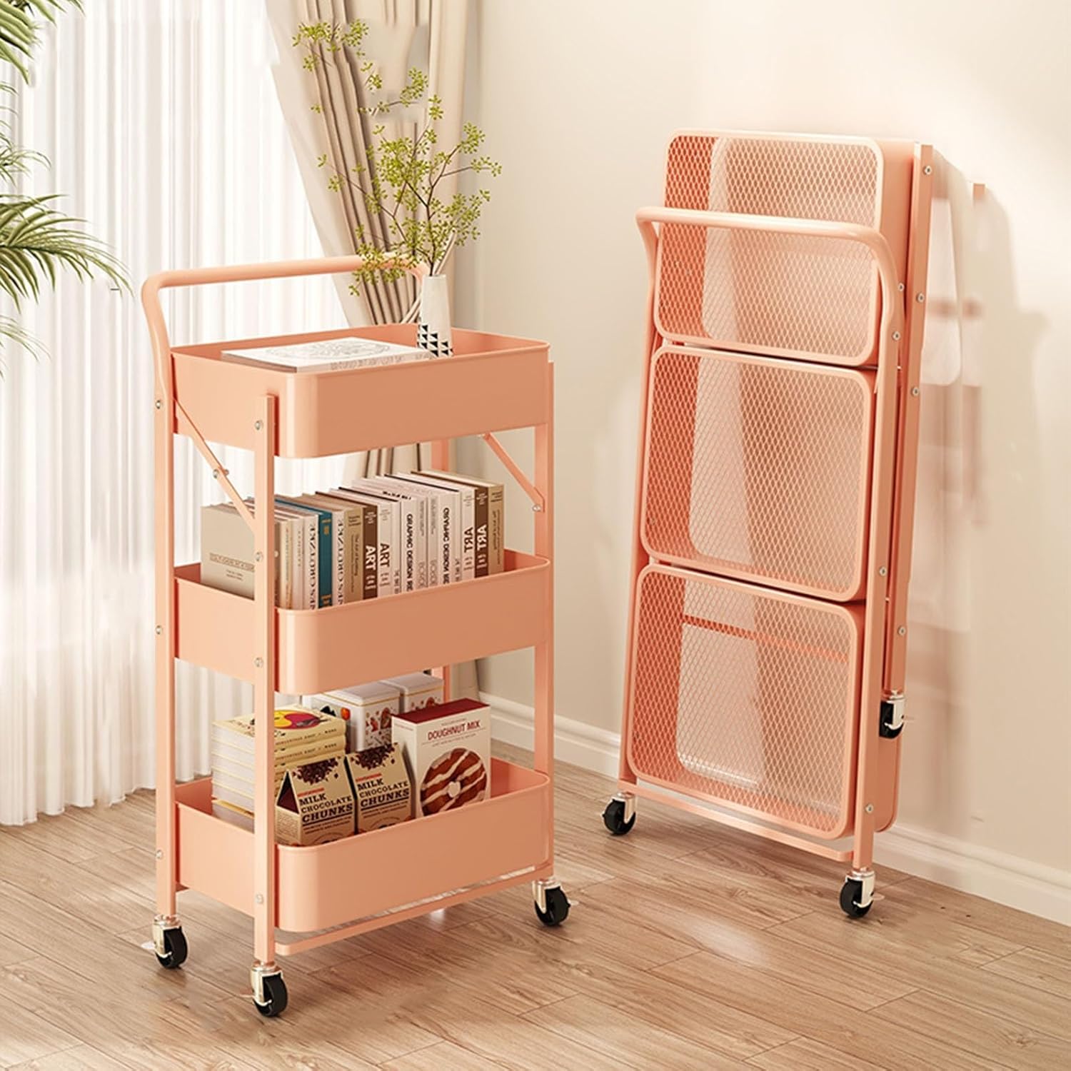 Book cartMobile Bookshelf on Wheels Rolling Utility cart Foldable Rolling Book cart Metal with armrests for Office, Classroom,Library,Home,Kitchen, Bathroom,Pink