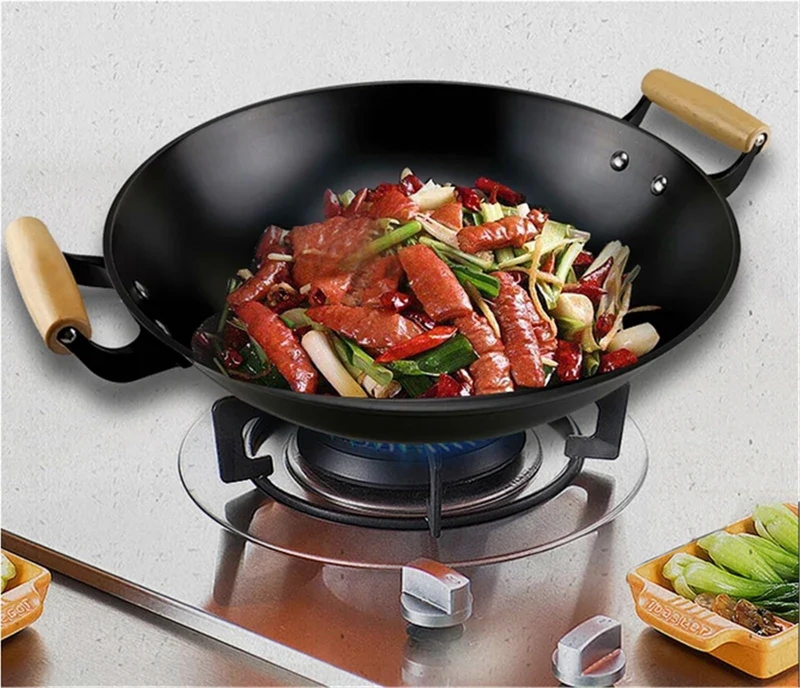 wokpfanne gusseisen Doppelohr-Rundboden-großer unbeschichteter Antihaft-Wok-Auflauf-Küchen-Kochtopf(46CM x 13.5cm)