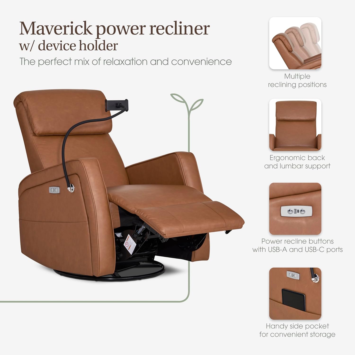 Evolur Maverick Upholstered Power Glider Recliner with Device Holder – Swivel, Rocking & Smooth Power Recline – Greenguard Gold & FSC Certified, Modern Nursery and Living Room Chair in Cognac