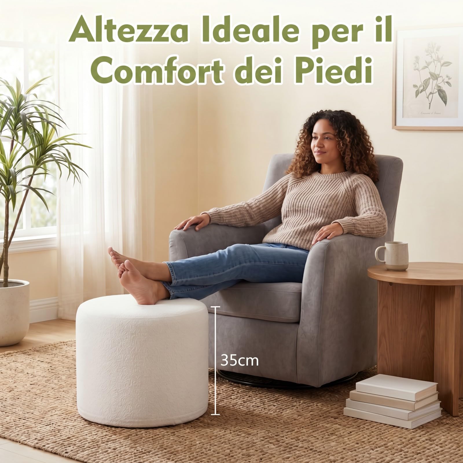 SOARS Pouf Ottomano Imbottito, Ø45 x 35 cm Poggiapiedi Rotondo con Tessuto in Filato Bouclé, Schiuma Morbida e Rivestimento Removibile, Poggiapiedi Divano per Camera da letto e Soggiorno, Beige