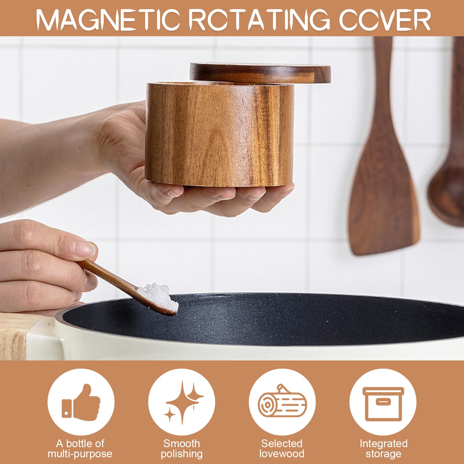 Scatola di Legno per Sale, Barattoli per Condimento in Legno, Scatola Rotonda per Spezie, Porta Sale Legnos, Contenitore per il Sales di Legnos, con Coperchio e Cucchiaio, per Sales, Spezie
