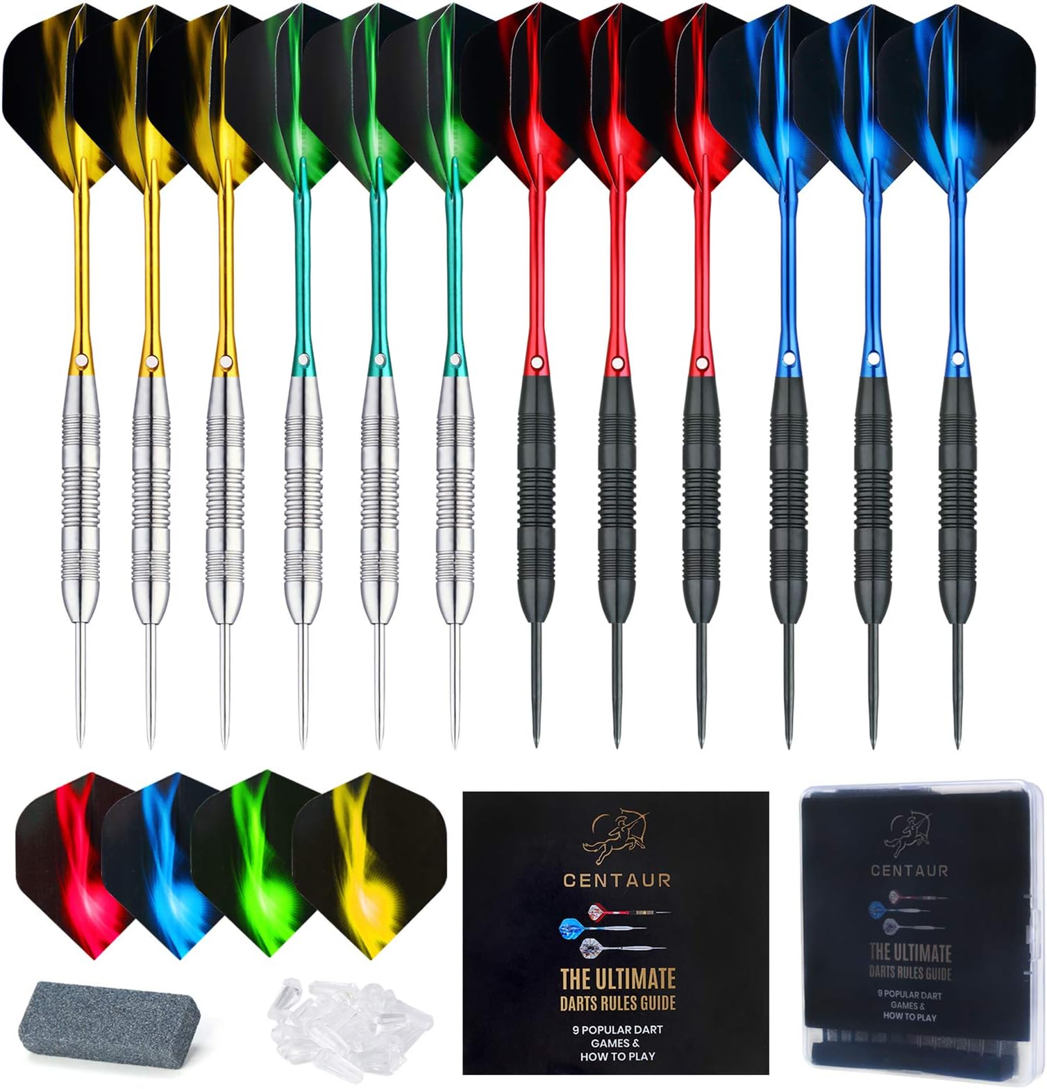 12 Pack Steel Tip Darts, Professional 22/24 Grams Metal Dart Set with 4 Color Premium Aluminum Shafts and 4 Style PET Flights and Dart Case, Beginner or Professional Darts